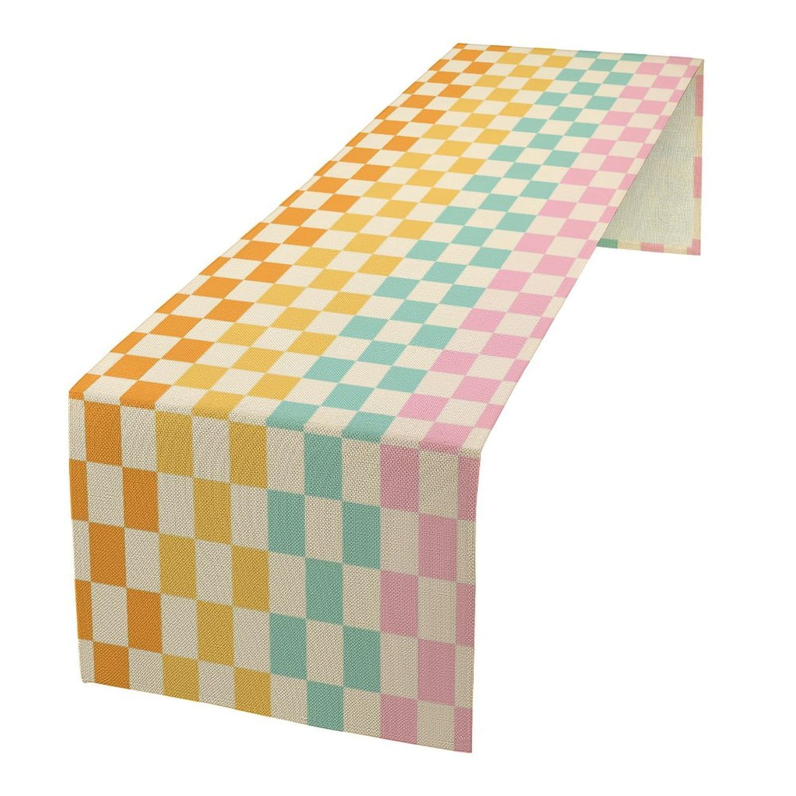 XBDDZSW Boho Hippie Table Runner,Groovy Colorful Checkered Funky Modern Geometric Pattern Printed Linen Table Runner for Home Kitchen Dining Table Decoration,13x36 Inch