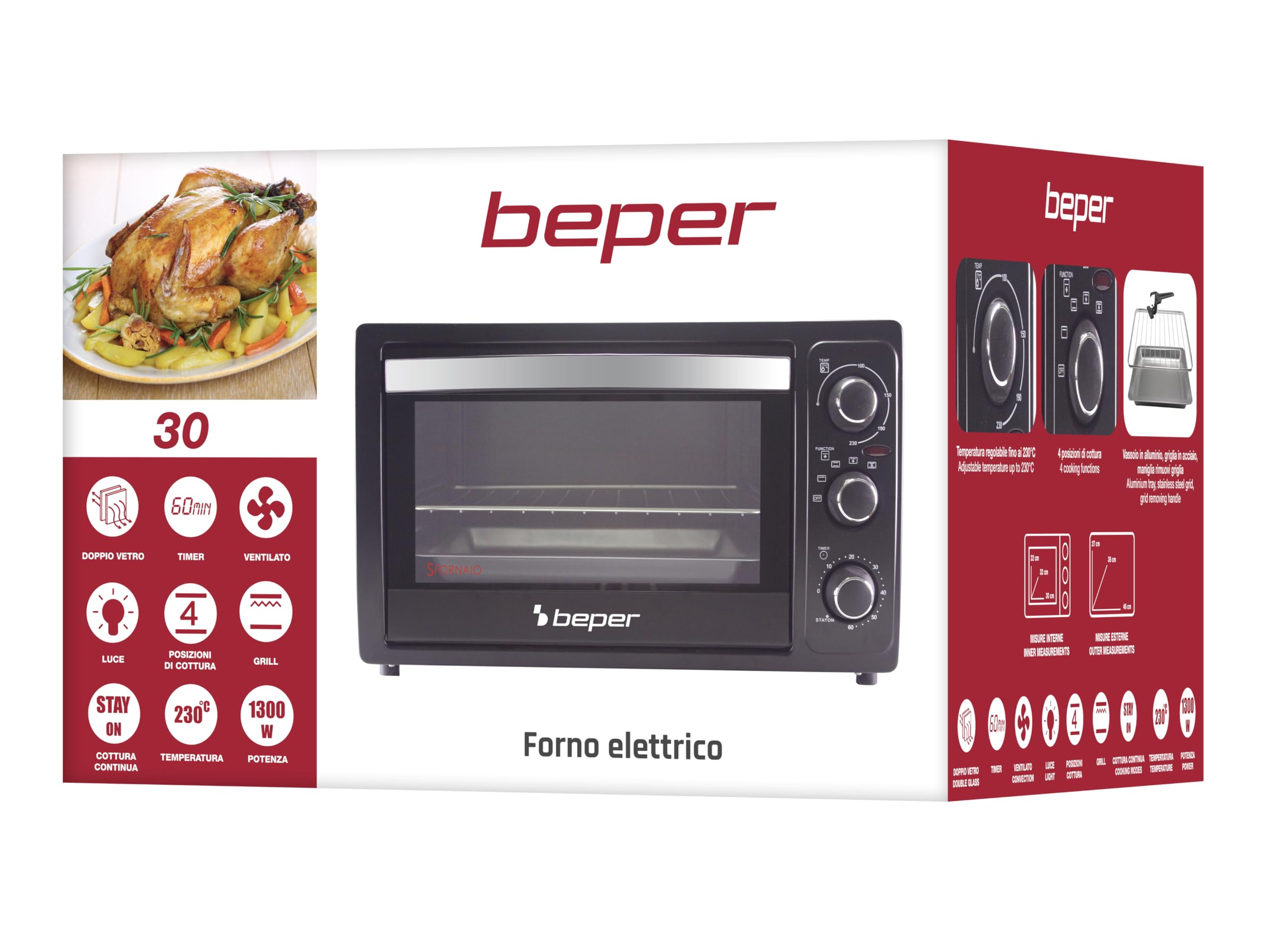 BEPER 90.884 Four Électrique Ventilé, 1300 W, 30 Litres, Double Verre trempé, 4 fonctions de cuisson, Noir