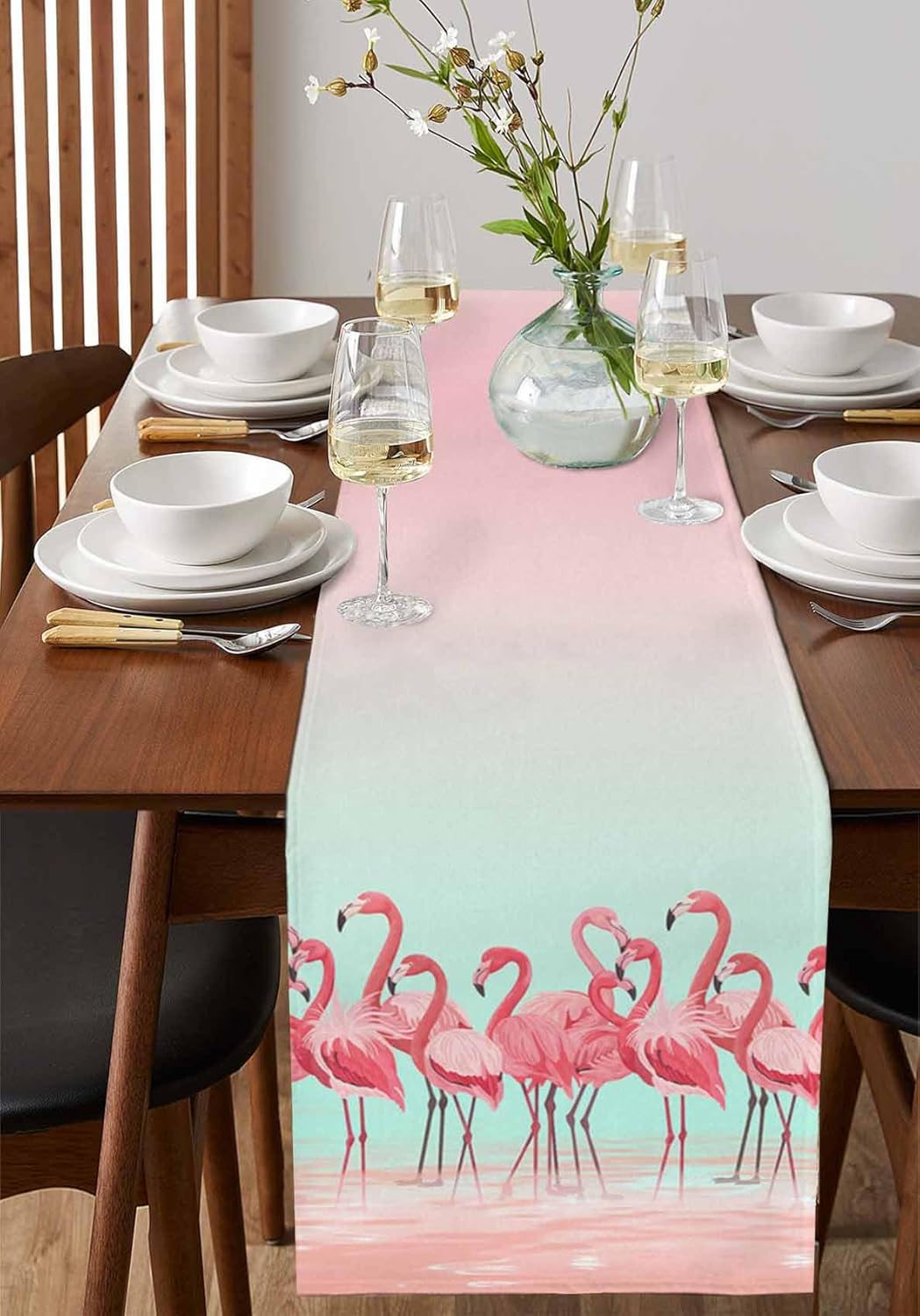 Tropical Flamingo Cotton Linen Table Runner for Dining Kitchen, Wedding Outdoor Party Tablerunners Decoration, Pink Bird Coastal Nautical Animal Dresser Scarf Coffee Tablecloth Runners 13x90 Inches