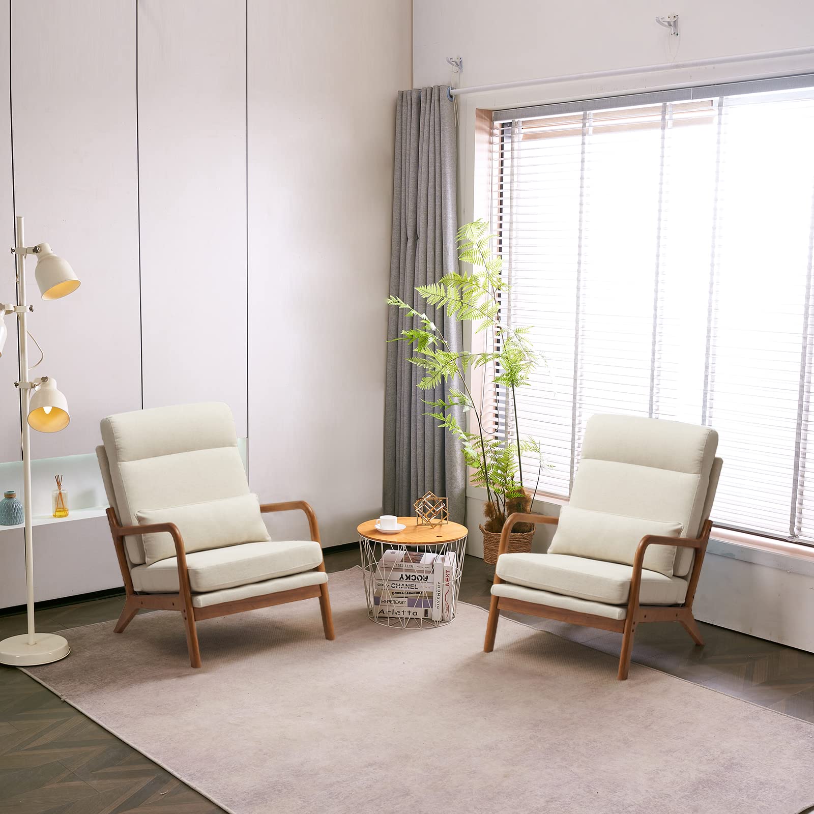 Bonnlo High Back Beige Accent Chairs Set of 2, Upholstered Mid Century Modern Lounge Fabric Chairs Reading Chairs Side Sitting Chair Solid Wood