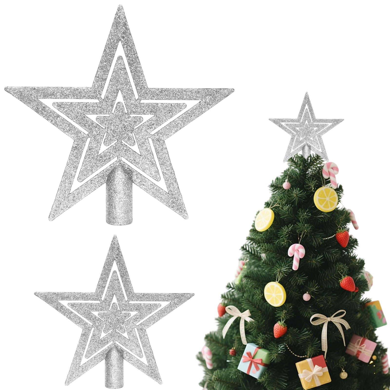 Auxhcyl Silver-15+10Cm Christmas Tree Topper,2 Pcs Silver Glitter Christmas Tree Star Toppers,Star For Top Of Xmas Tree Topper Ornament(10+15Cm)