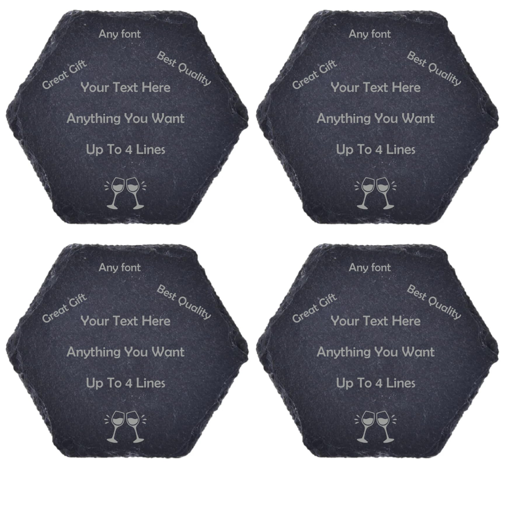 PB TECH Personalised Engraved Slate Coaster/Placemat - Customisable With Any Text - Optional Image - Gift for Men Women for Birthday Father's Day Valentine's Day Wedding Christmas (Hexagon, Set of 4)