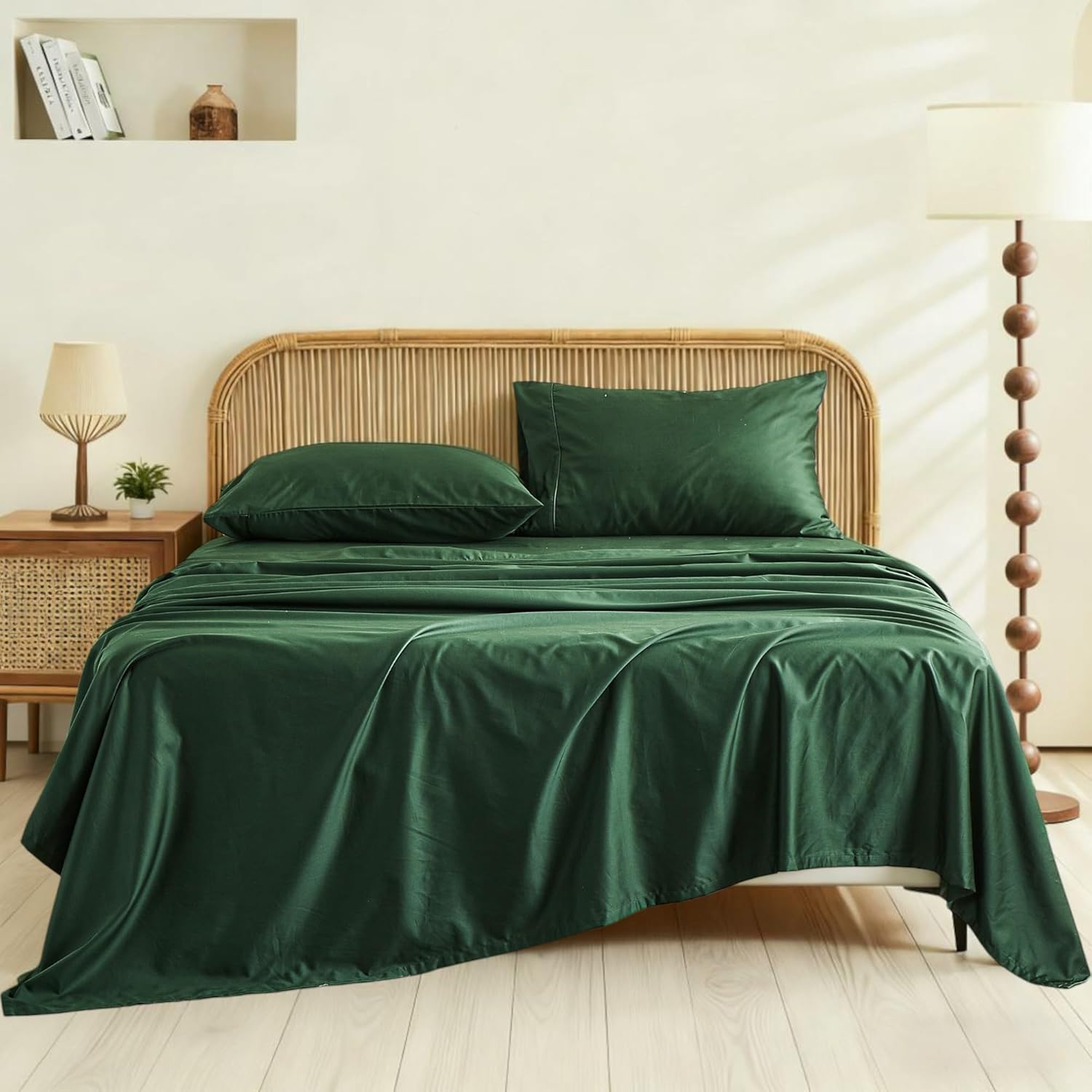 Simple&Opulence 100% Supima Cotton 600 Thread Count Queen Sheets -4 Pc Long Staple Pure Soft Sateen Weave Set-16” Deep Pocket Cooling Luxurious Silky Bed Sheet with Trim Insert(Dark Green, Queen)