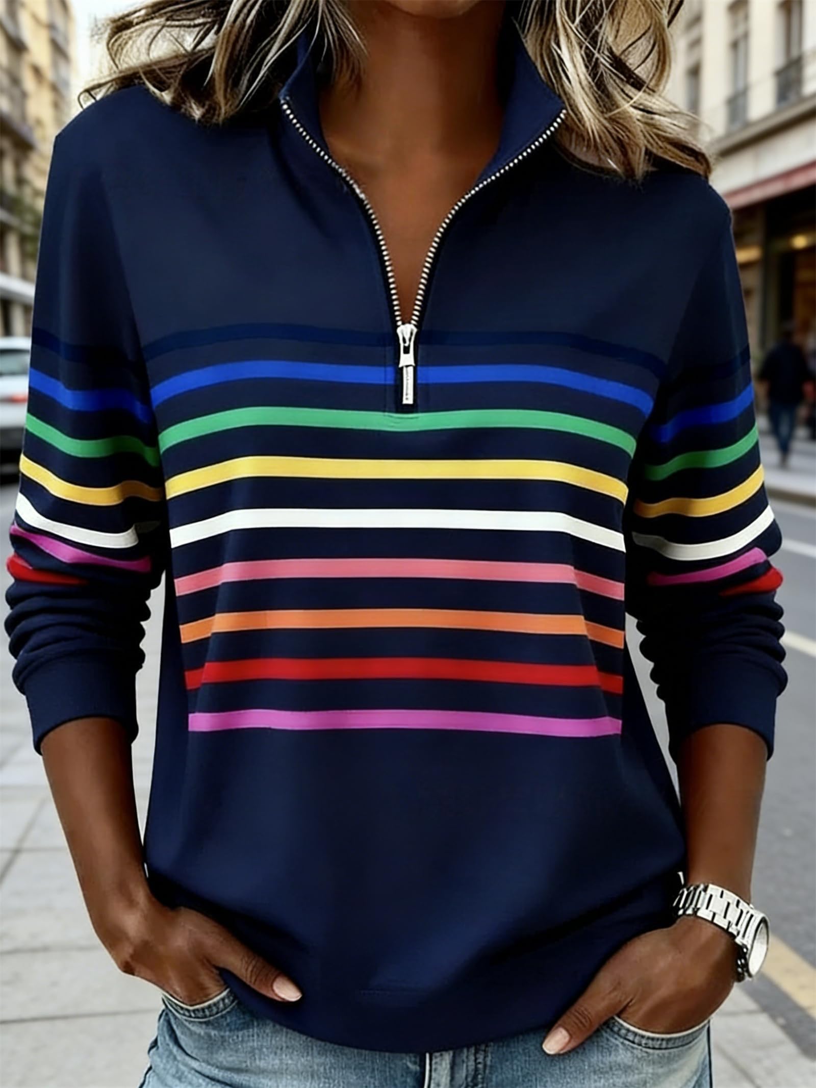2026 Pull à rayures arc-en-ciel à la mode avec col demi-fermeture éclair pour femme