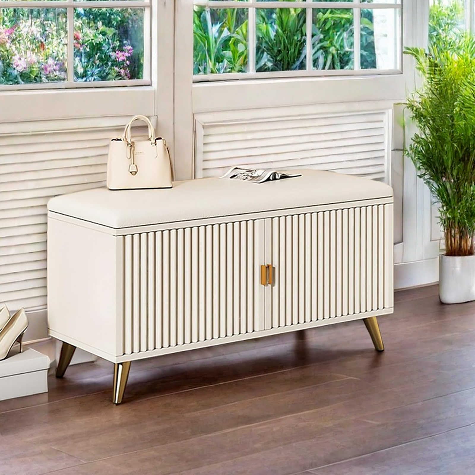 GDMDPTE Shoe Storage Bench with Cushioned Seat Stylish Entryway nizer 2 Door Hidden Shoe Rack Adjustable Shelves Functional Hallway Storage Solution