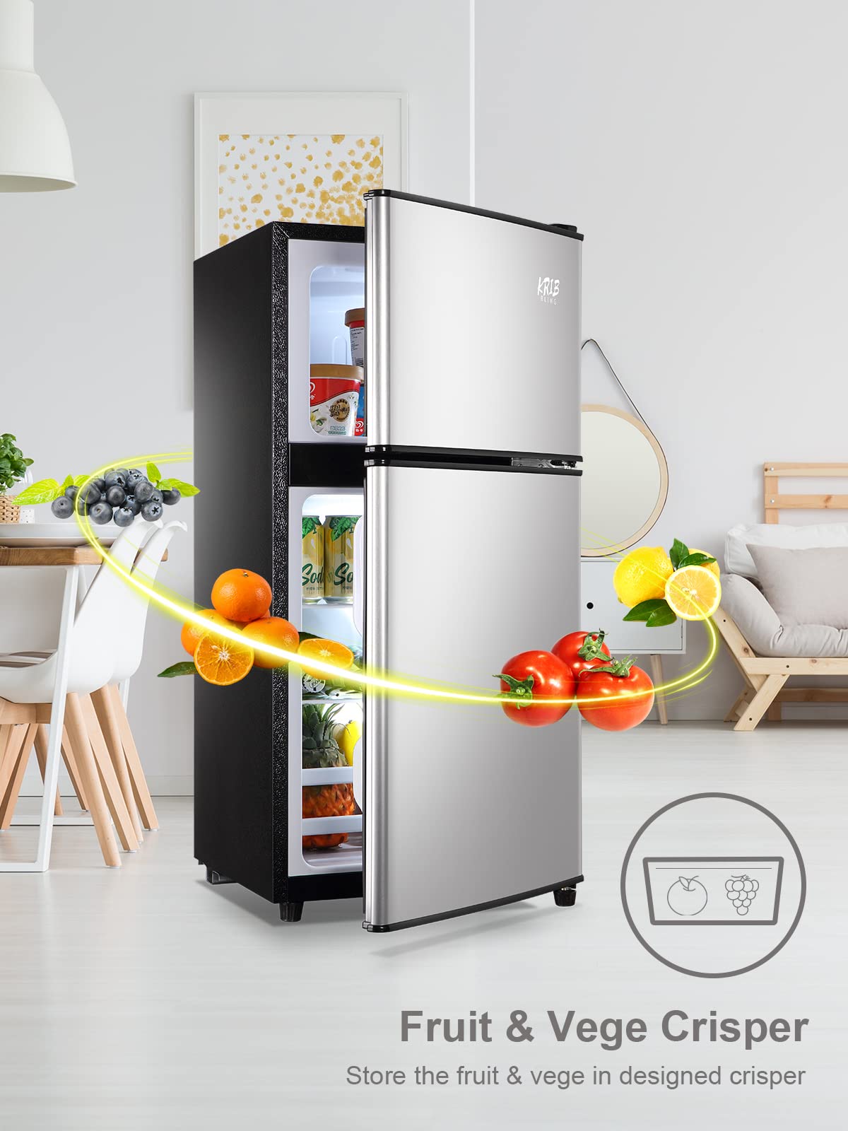 Krib Bling Top-Freezer Refrigerator 3.5 Cu.Ft Refrigerator 2 Door 7 Level Adjustable Thermostat Control Lock Fresh Energy Saving Silver on Fridge.com - View 4