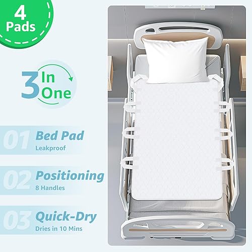 Miniatura 5 de Almohadillas de cama para incontinencia Whasbable almohadillas de cama de transferencia impermeables con 8 asas, 4 almohadillas reutilizables de 34