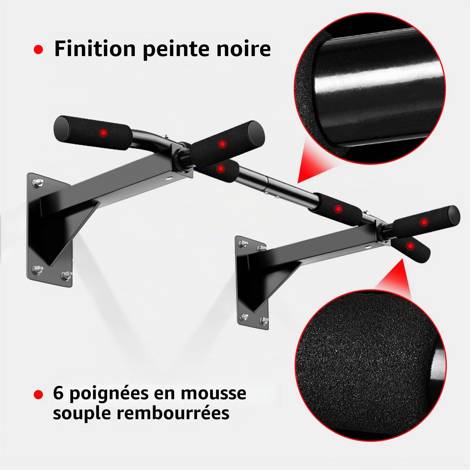 Barres de Traction Murale avec Poignées en Mousse, Barre de Traction Fitness Musculation, Fixation Mural Barre d'exercice, Pull Up Bar Workout Bracket Bar pour Maison Gym Exercices Entraînement