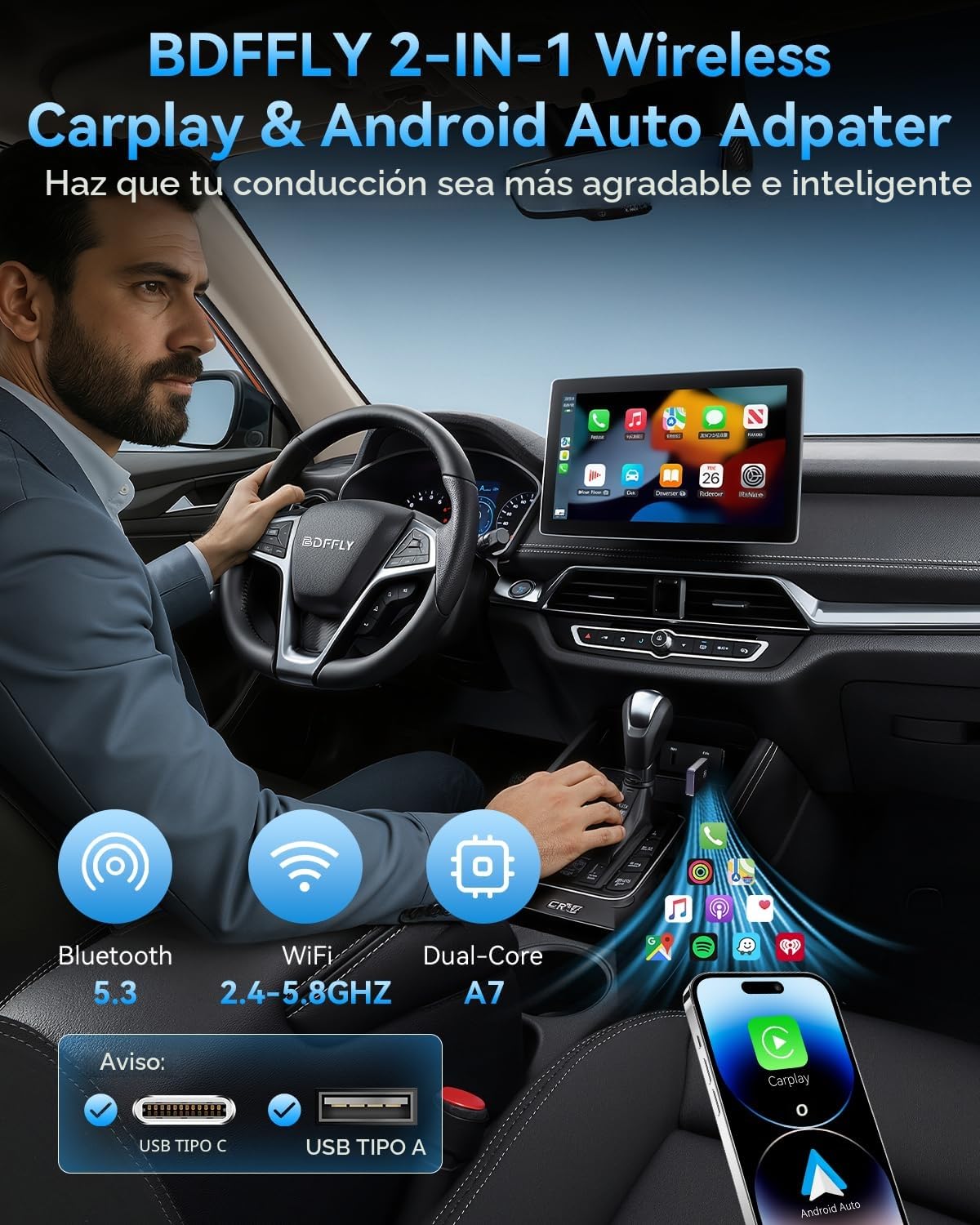 Adaptador CarPlay Inalámbrico 2025, Dongle USB Plug & Play para iPhone iOS 10+, Compatible con Coches con CarPlay (CP1-G)