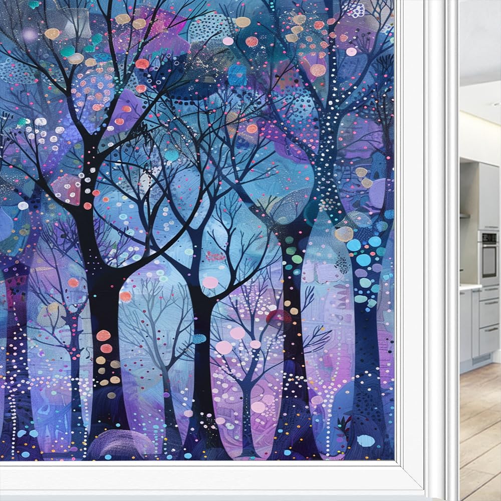 Modern Tree Window Film Privacy Modern Colorful Woods Landscape Decorative Stained Static Cling Window Sticker for Home, 45x60 cm
