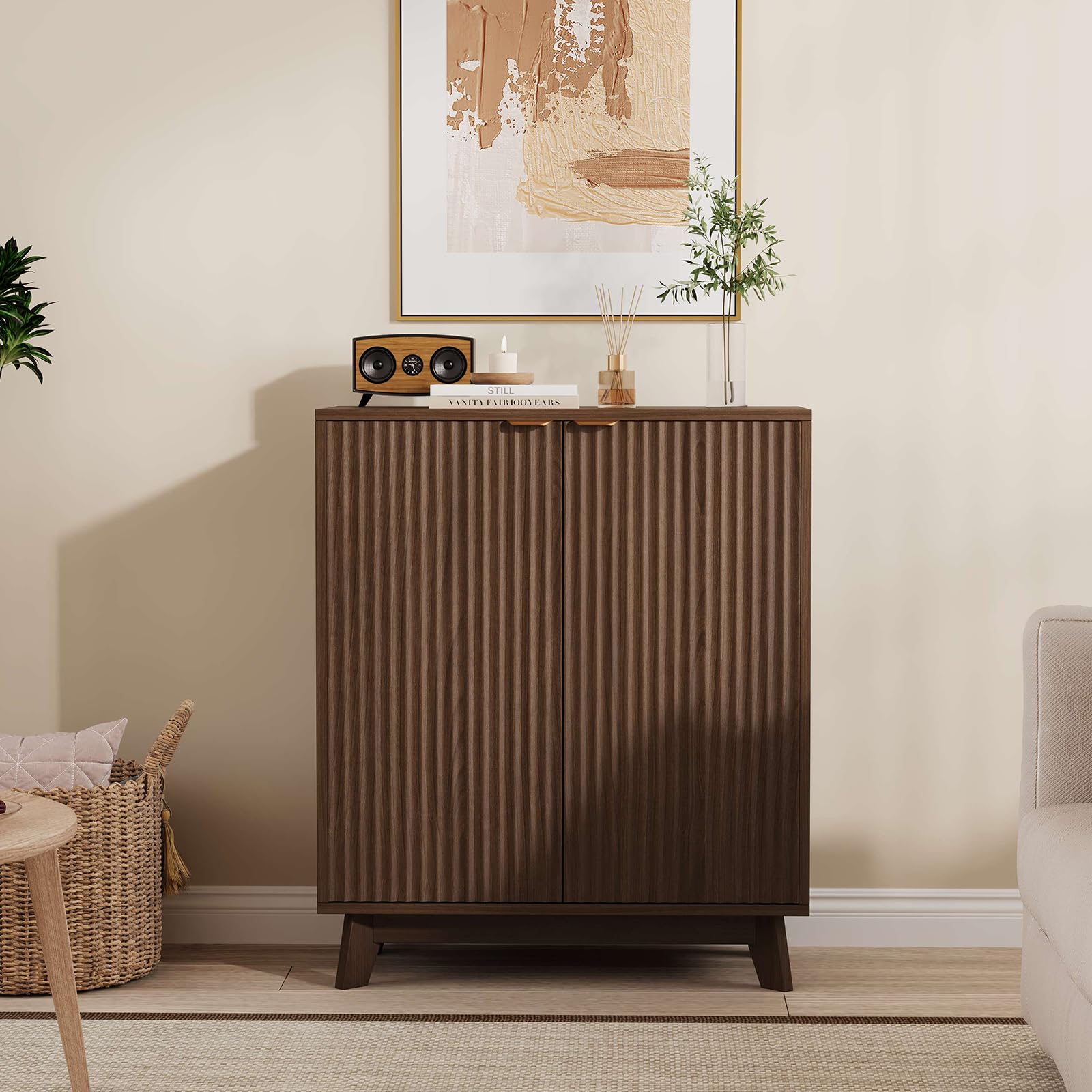 Crevyteg Sideboard Buffet Cabinet with Storage, Modern Fluted Accent Credenza with Doors & Adjustable Shelves, 34.49" x 15.59" x 32.28" Kitchen Cupboard for Living Room, Dining Room, Kitchen, Walnut