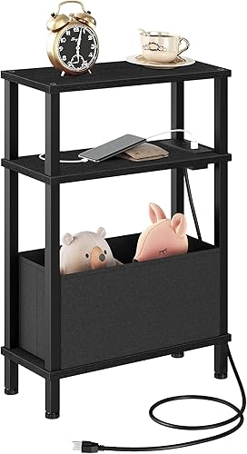 Miniatura 10 de Juego de 2 mesas auxiliares con estación de carga, mesa auxiliar estrecha para espacios pequeños, mesita de noche delgada con cesta, mesa de noche