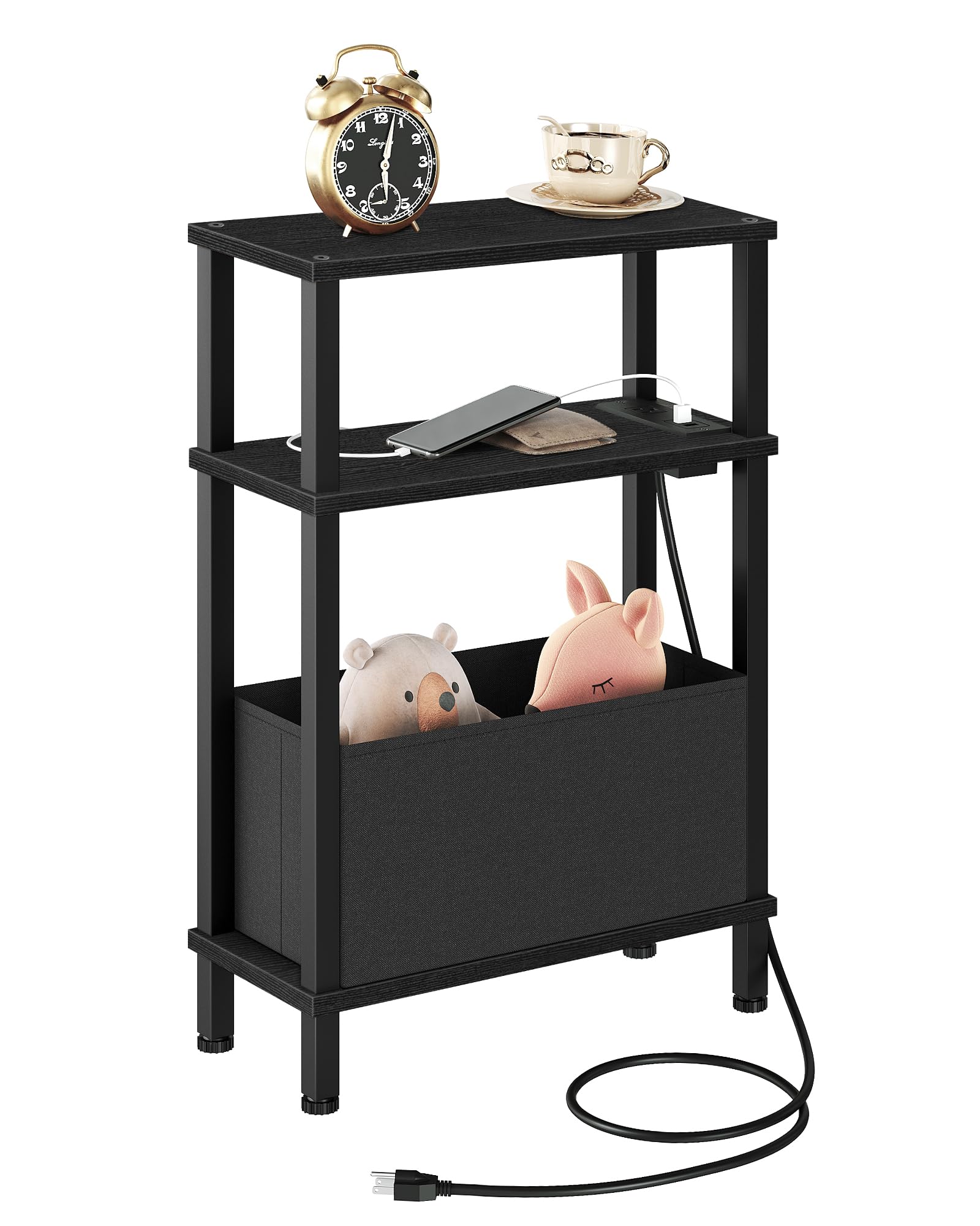 CHOEZON Small Narrow Side Table with Charging Station, Skinny End Table with Fabric Basket, Slim Nightstand for Small Spaces, Sofa Side Table, for