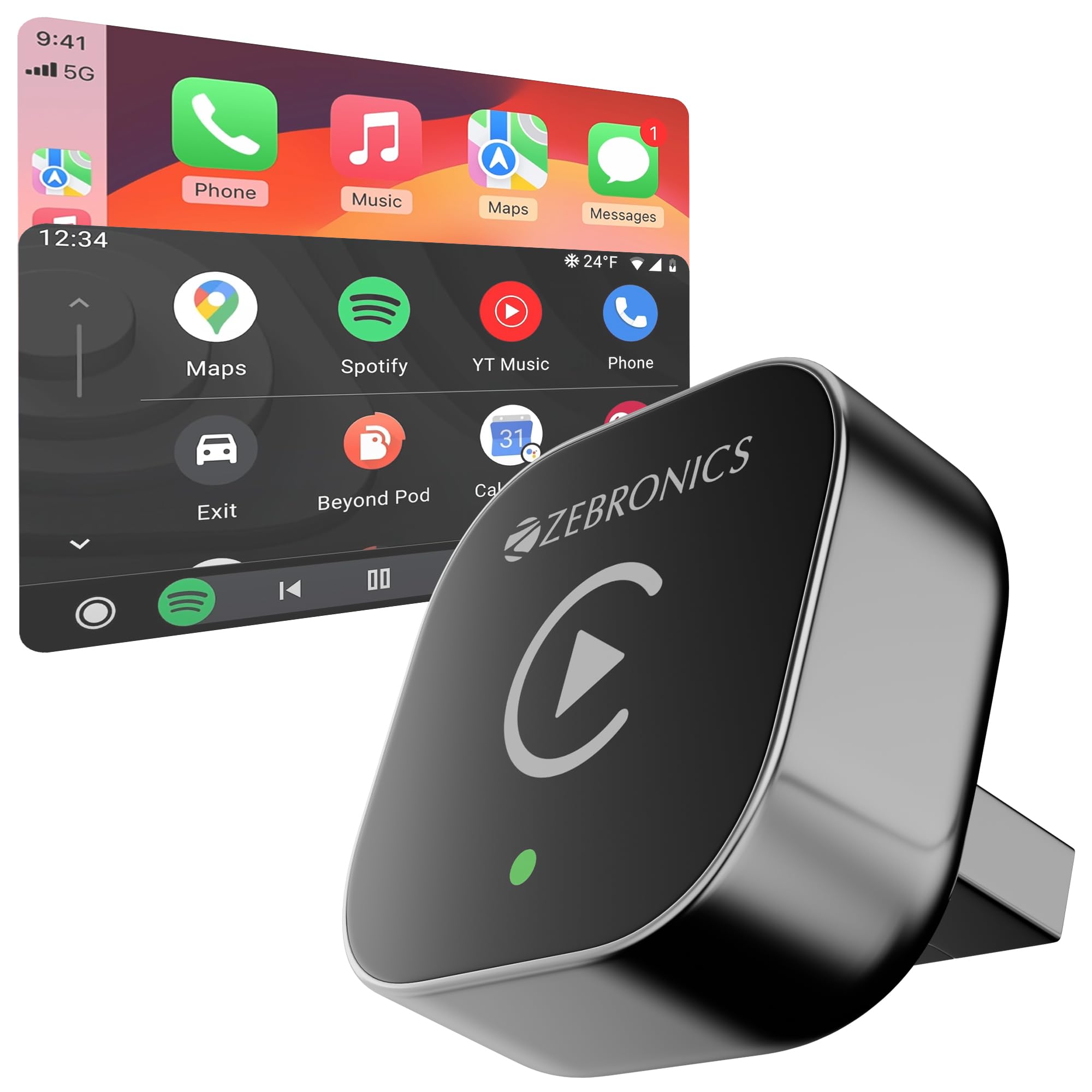 Zebronics 2-in-1 Wireless CarPlay Adapter, Converts Wired Android Auto & CarPlay to Wireless, USB-A with Type-C Cable, BT v5.4, Wi-Fi 6, Fast Boot, Plug & Play (DriveCast 03)