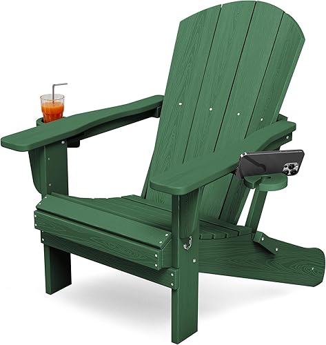Vista 13 de Silla plegable KINGYES Adirondack con portavasos dobles - Sillas al aire libre de HDPE para todo clima, silla de patio tipo madera para el patio