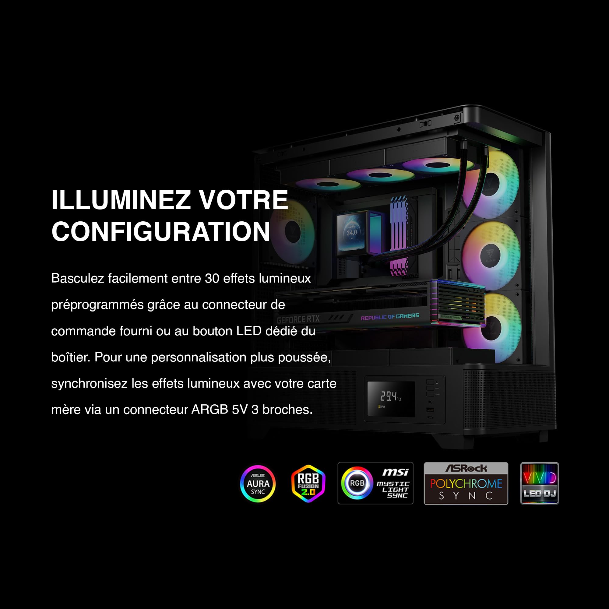 GAMDIAS CHIONE P5 Watercooling AIO 360 mm pour CPU, Écran LCD IPS 3,4” Magnétique et Rotatif, Logiciel Personnalisable, Câblage Caché, Ventilateurs ARGB PWM, MB Sync, Intel LGA 1851, AMD AM5, Noir