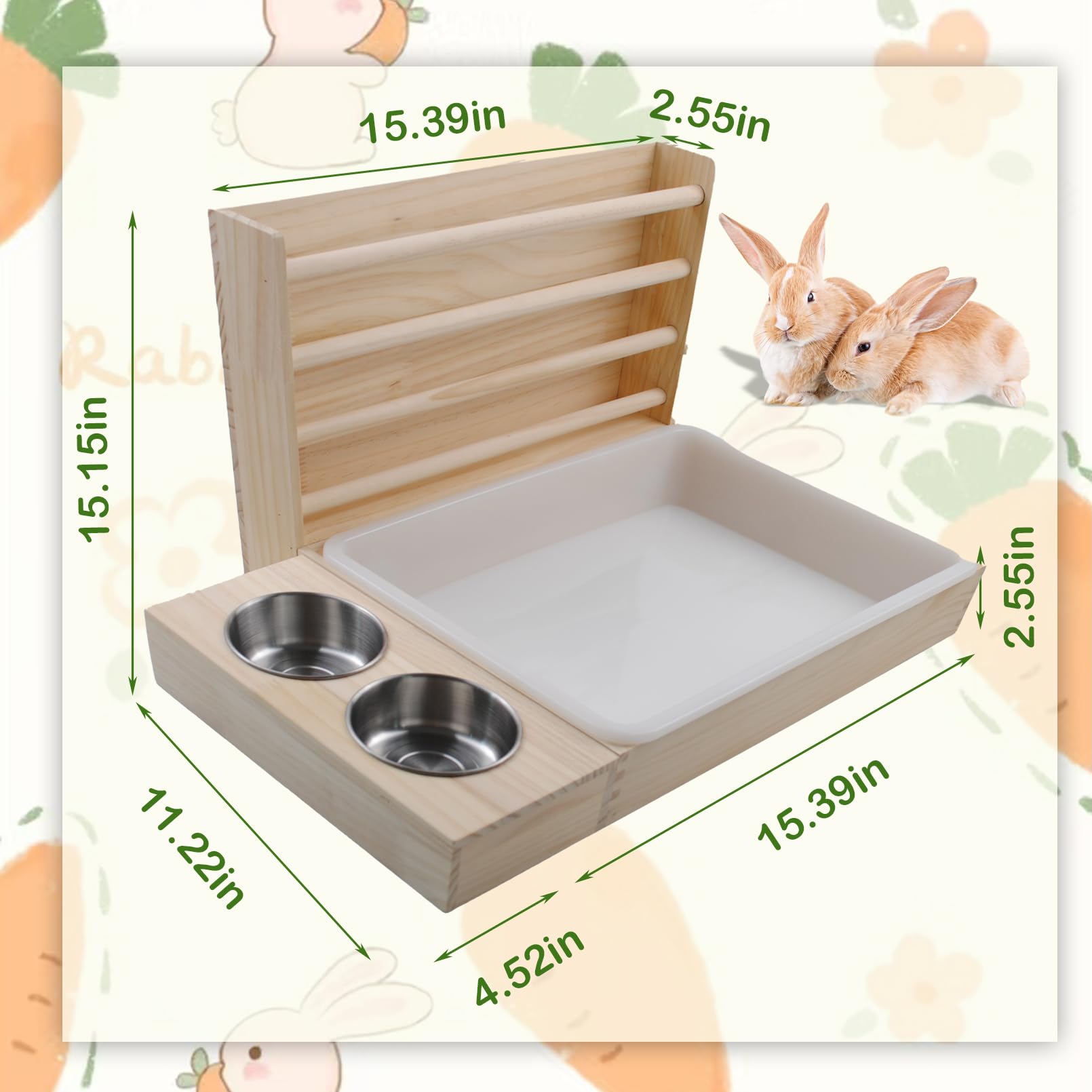 Mangiatoia per fieno 3 in 1 per conigli, con lettiera e ciotole, mangiatoia per fieno in legno con lettiera, in plastica, per piccoli animali domestici, per conigli, porcellini d'India, criceti