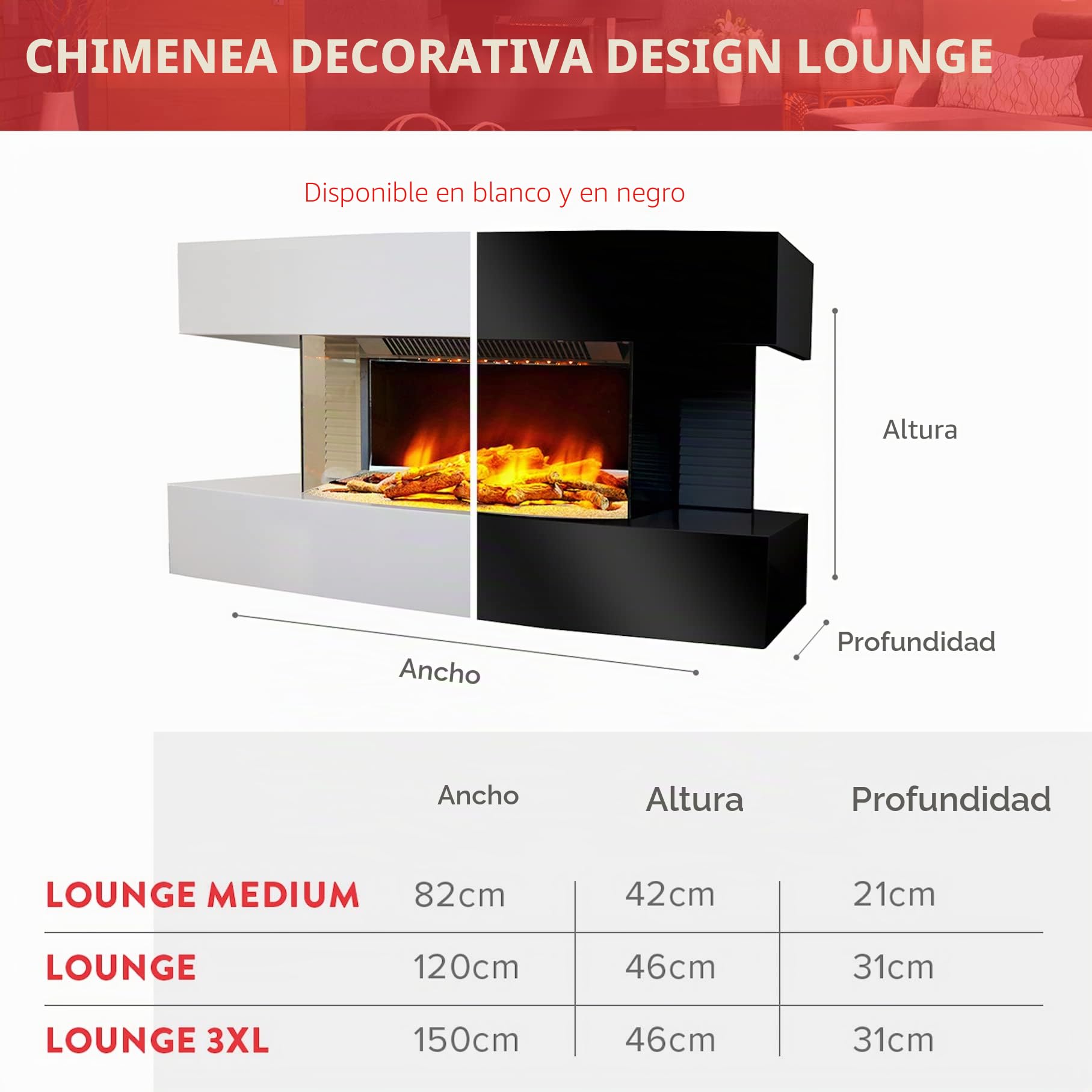CHEMIN'ARTE Chimenea eléctrica de Pared con calefacción Lounge Blanca 120cm, Efecto de Llama Leds- Chimenea Decorativa bajo Consumo - Mando a Distancia