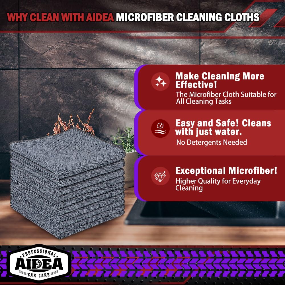 AIDEA Microfiber Cleaning Cloth Grey 50PK Microfiber Towels for Cars Premium Car Cloths Dusting Cloth Lint Free Cleaning — view 2