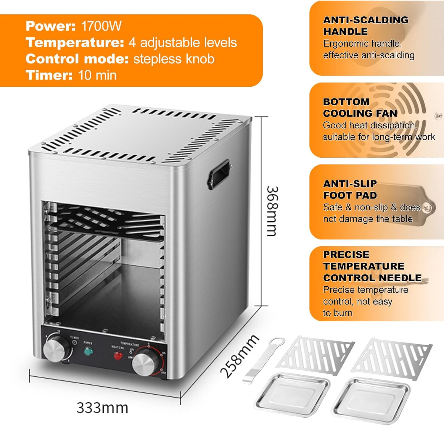 Commercial Broiler 1700w | Electric Cheese Melter Toaster - 10 Layer Grill | Infinite Knob - 10min Timing & 800℃ Temperature Adjustment,Steak Oven Commercial Electric Oven-5 Min Preheating