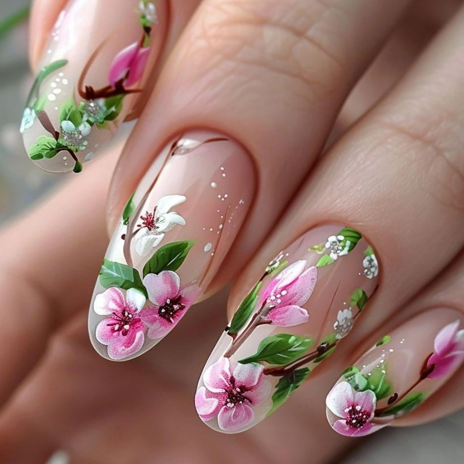 24Pcs Flower Press on Nails Almond Medium Fake Nails Pink White Floral Glue on Nails Rose Plum Blossoms False Nails Spring Artificial Acrylic Nails