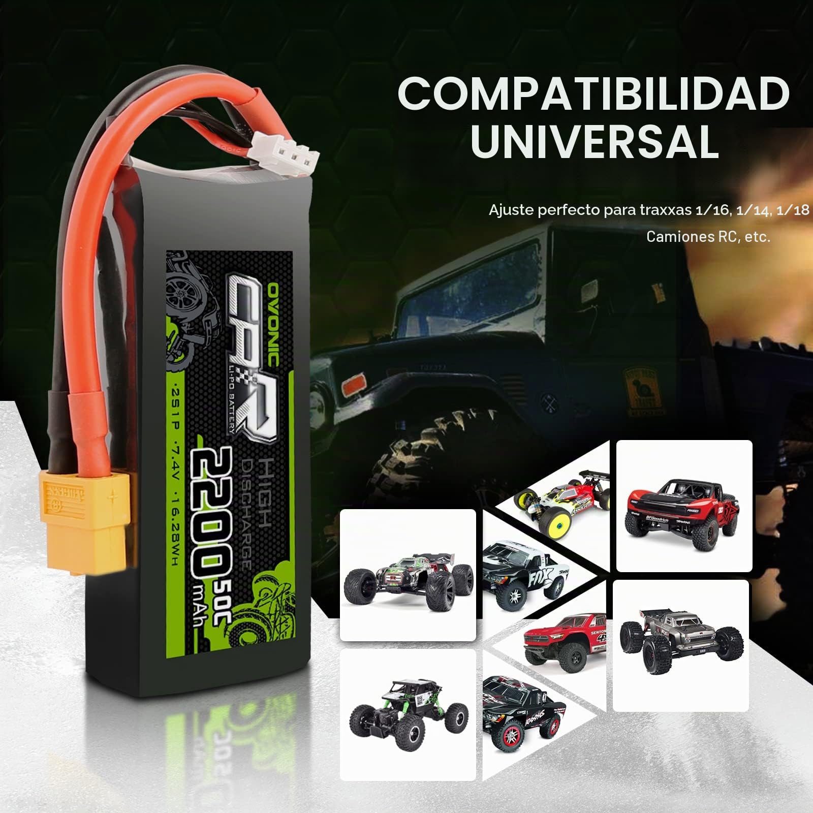 OVONIC 2S - Batería de polímero de litio (7,4 V, 2200 mAh, 50 C, con conector XT60, compatible con RC 1/16 o 1/14 RC avión, coche, barco, cuadricóptero, 2 unidades)