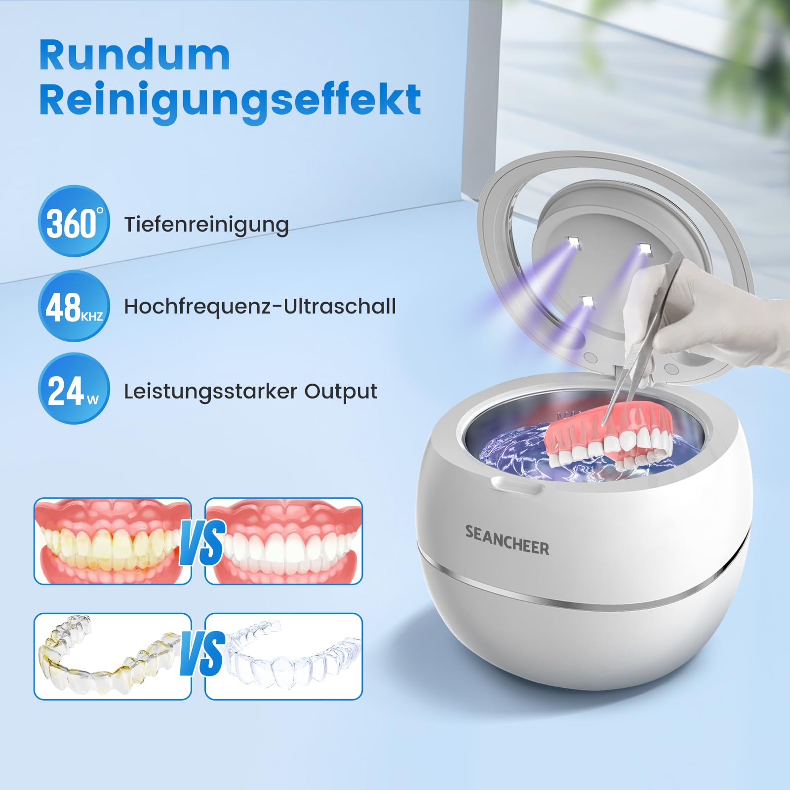 SEANCHEER Ultraschallreinigungsgerät 48000Hz Ultraschallreiniger 180ML | Ultrasonic Cleaner mit UV Lampe Ultraschallbad für | Zahnersatz | Retainer | Aligner | Prothesen | Zahnschiene | (Weiß)