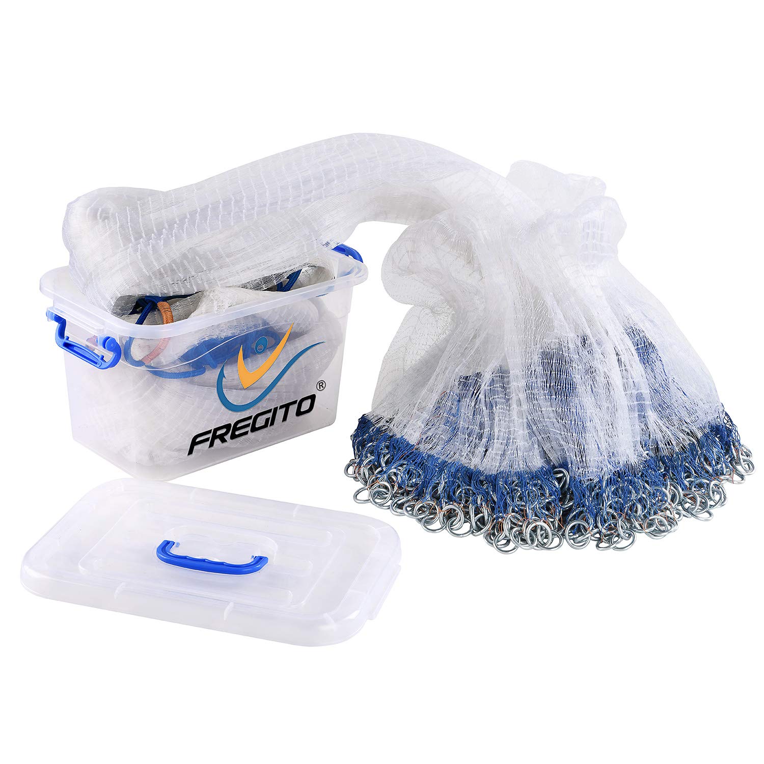 FREGITO Nylon Monofilament Cast net, Japanese & Korean Style Fishing Net with Iron Chain Weights for Saltwater and Freshwater, 3/8 Inches Mesh
