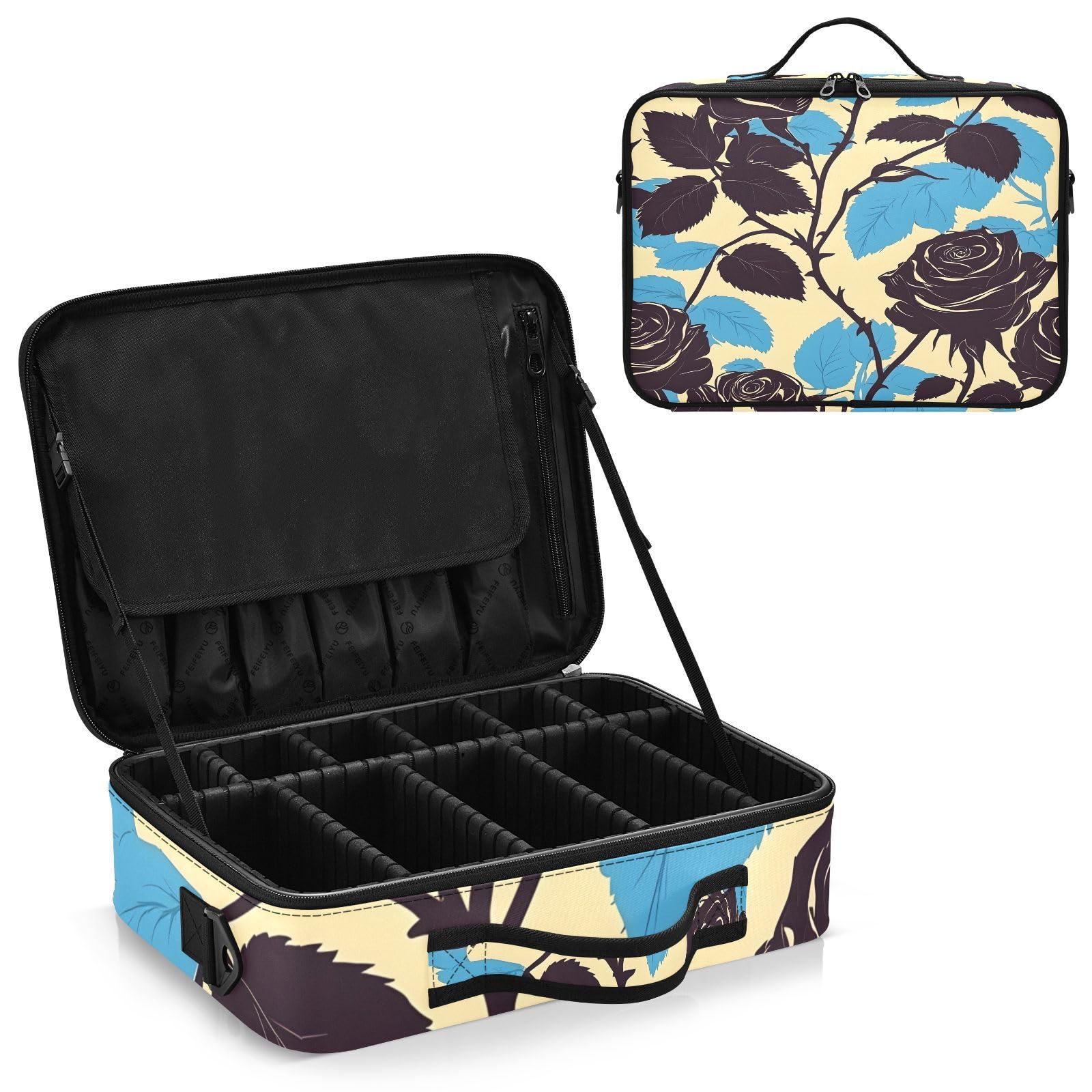 Travel Makeup Train Case Black Flower Blue Leaves Pattern Cosmetic Organizer Portable Storage Bag with Adjustable Dividers for Cosmetics Brushes Toiletry Jewelry Digital Accessories