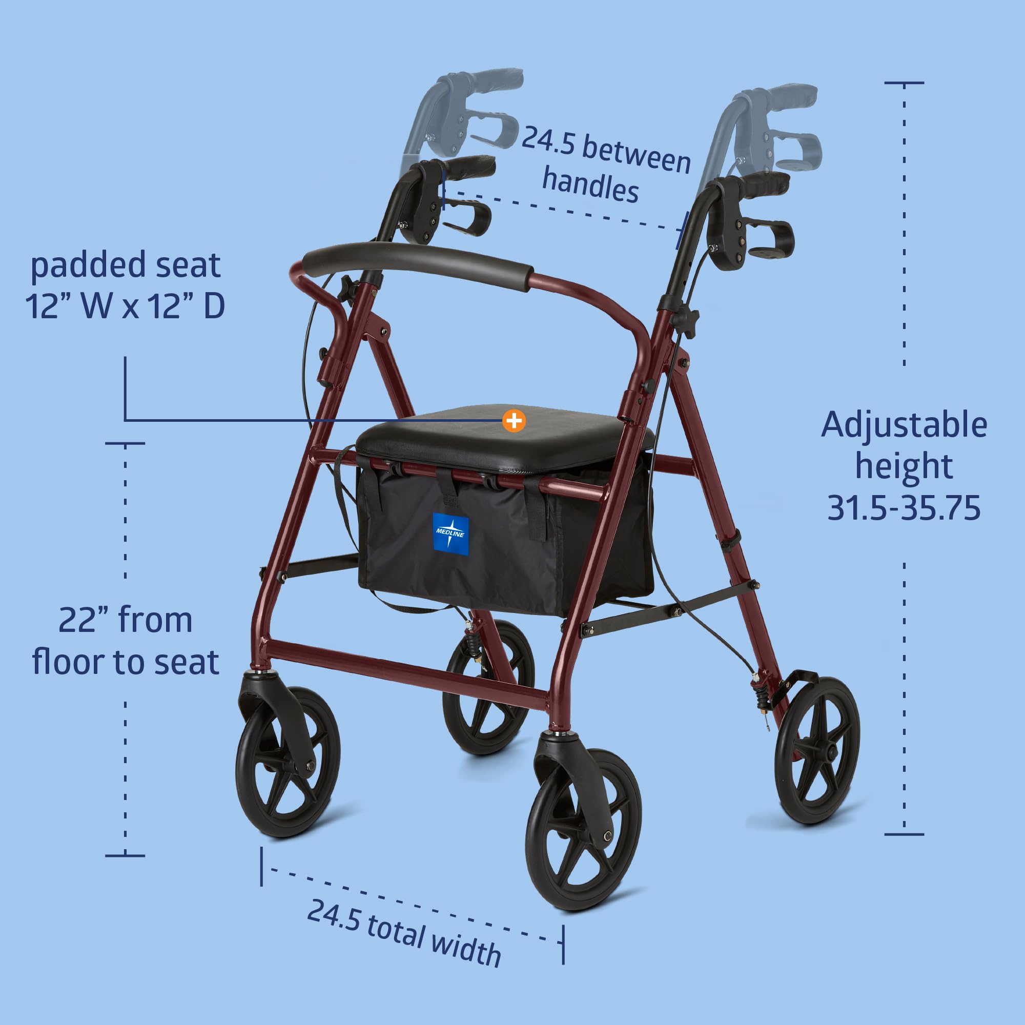 Medline Aluminum Rollator Walker with Seat, Folding Mobility