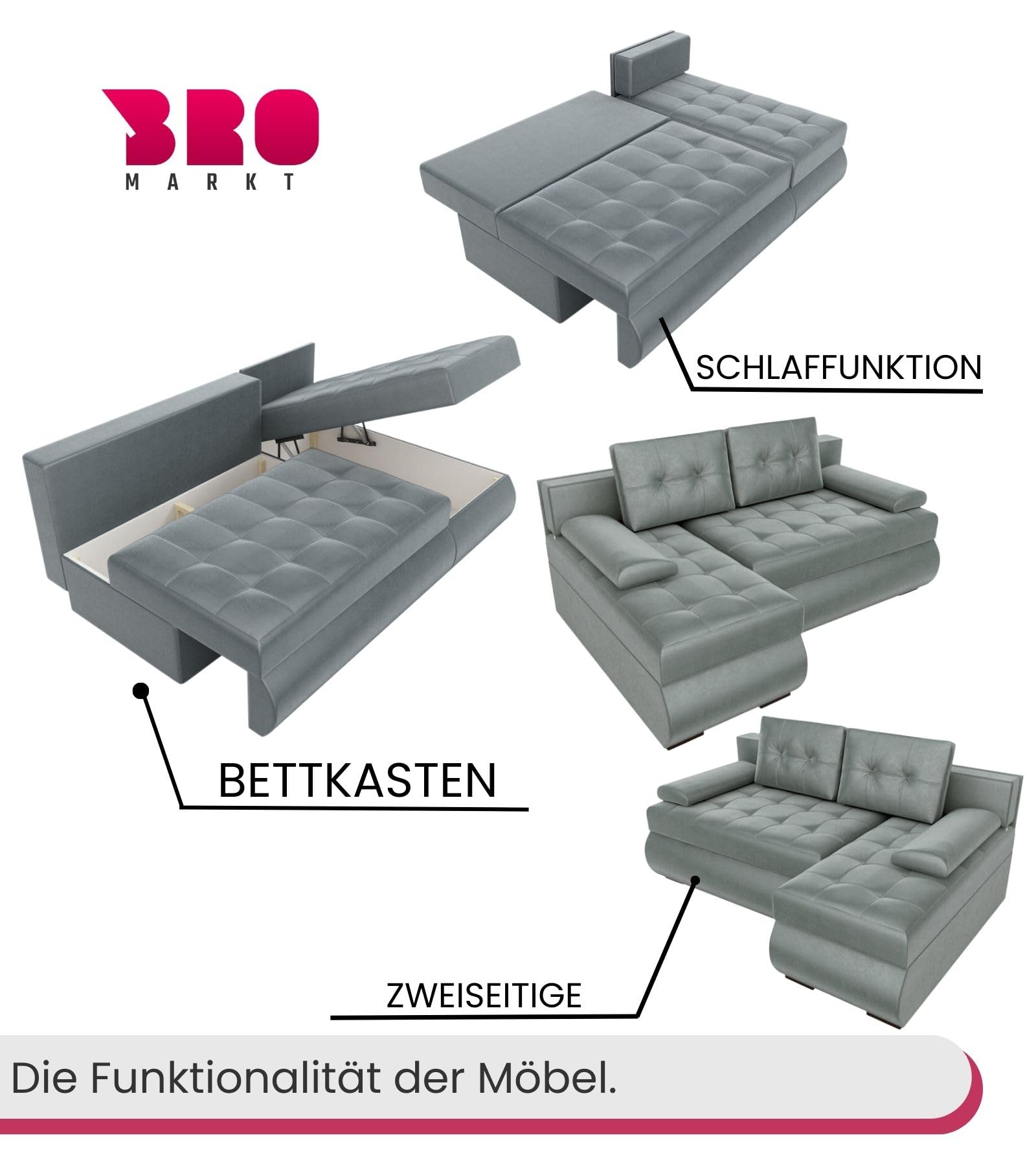 BROMARKT Ecksofa mit Schlaffunktion Sofa mit Bettkasten Hellgrau Rechts