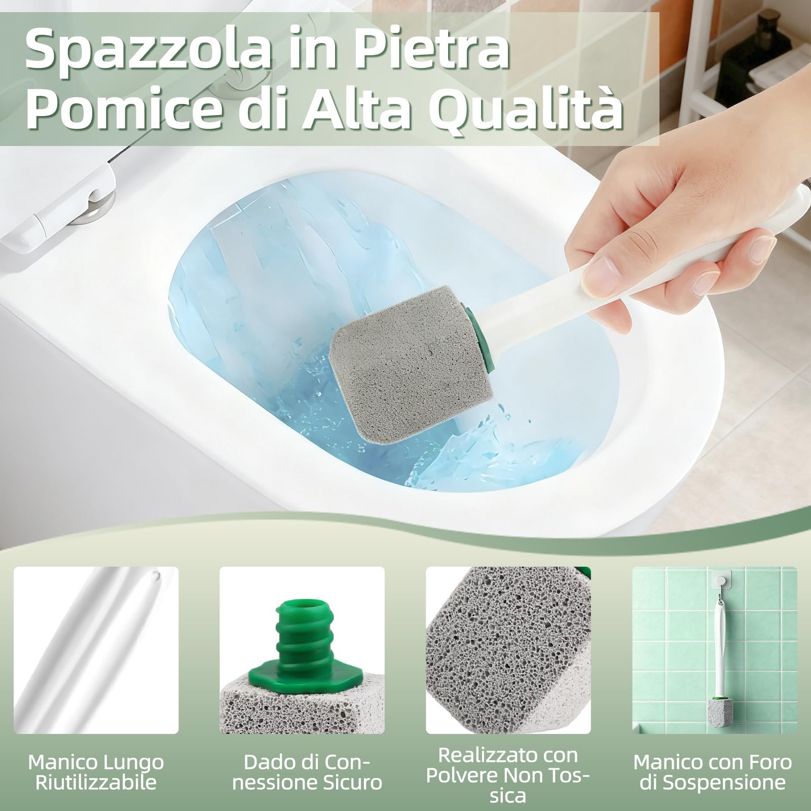 5 Pezzi Pietra Pomice per WC con 1 Manico Riutilizzabile - Disincrostante Efficace contro Calcare e Incrostazioni di Urina Ostinate - Per Pulizia Profonda di Toilette, Bagno, Cucina