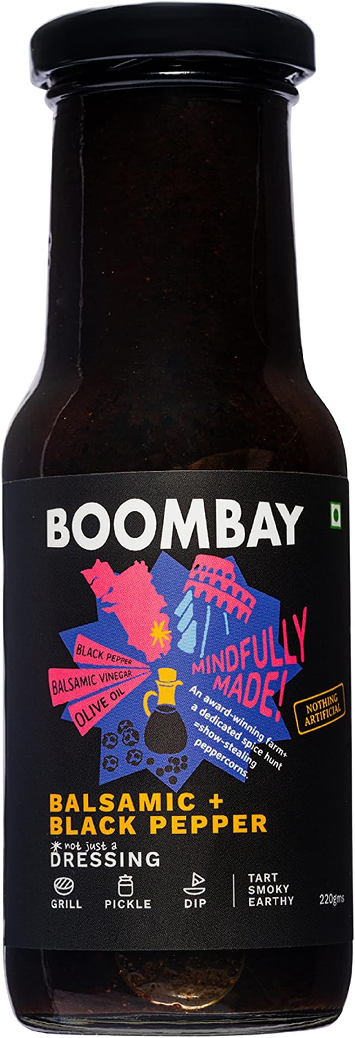 BOOMBAY Balsamic + Black Pepper Salad Dressing 220g | Nothing Artificial | No Bad Oils | No Refined Sugars | Plant Based | No Onion or Garlic | Use for Pasta Topping, Marinade, Dip with Bread, Pickle