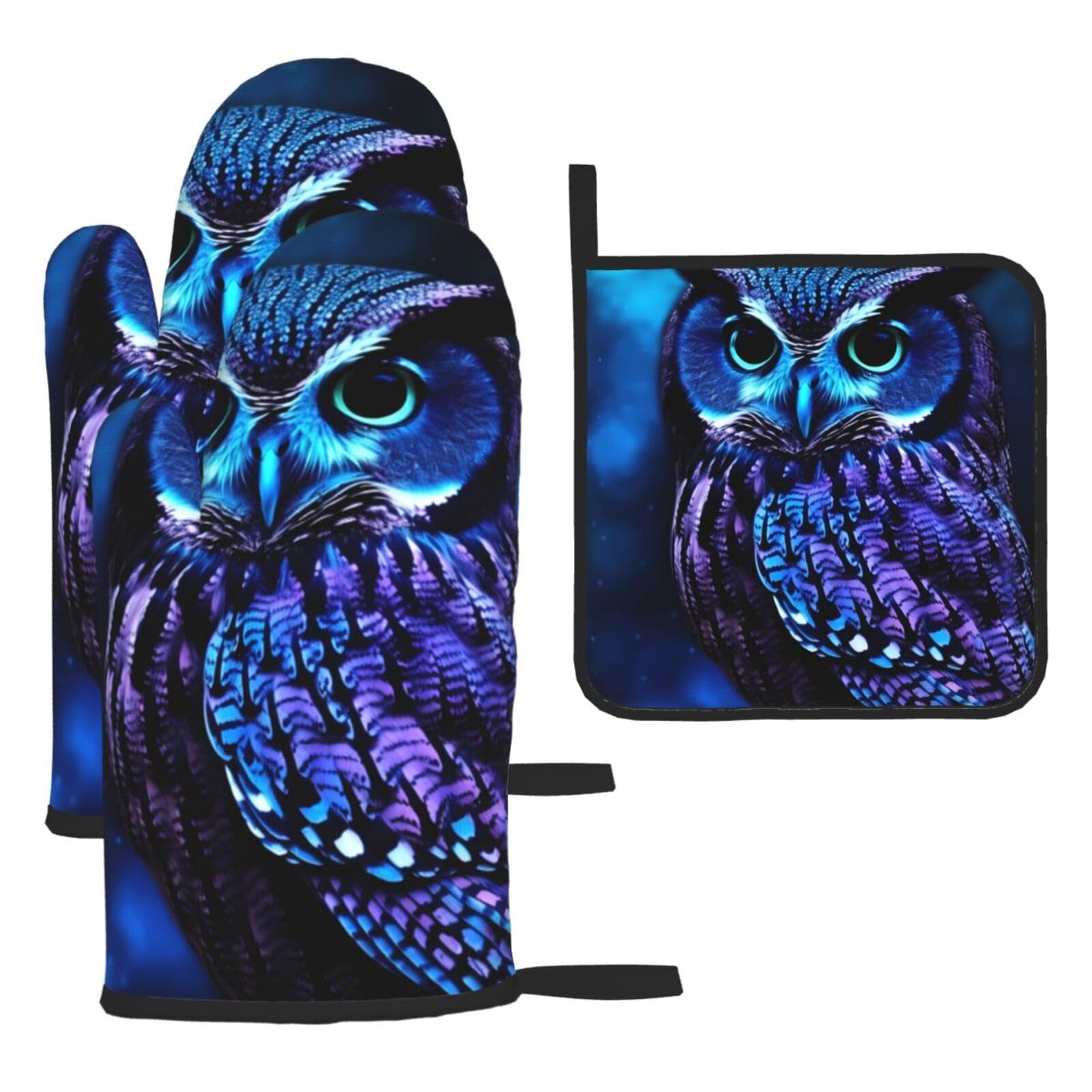 3 Piece Oven Mitts and Pot Holders Set Heat Resistant Oven Gloves and Potholders BBQ Gloves Hot Pads Blue Owl Cooking Gloves for Kitchen Baking Grilling