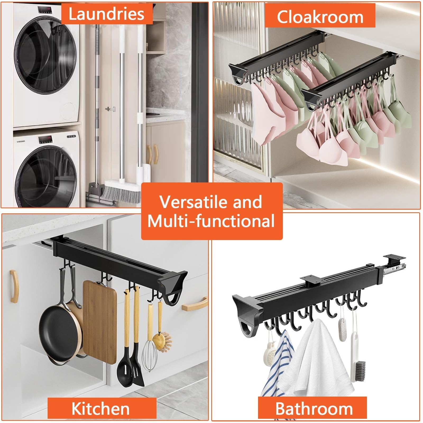 Support De Balai Et De Serpillère Extractible, Organisateur De Casseroles Et Poêles Extractibles, Support De Placard En Alliage D'aluminium Avec Crochets Réglables, Pour Armoire(18.11in-16 hook)