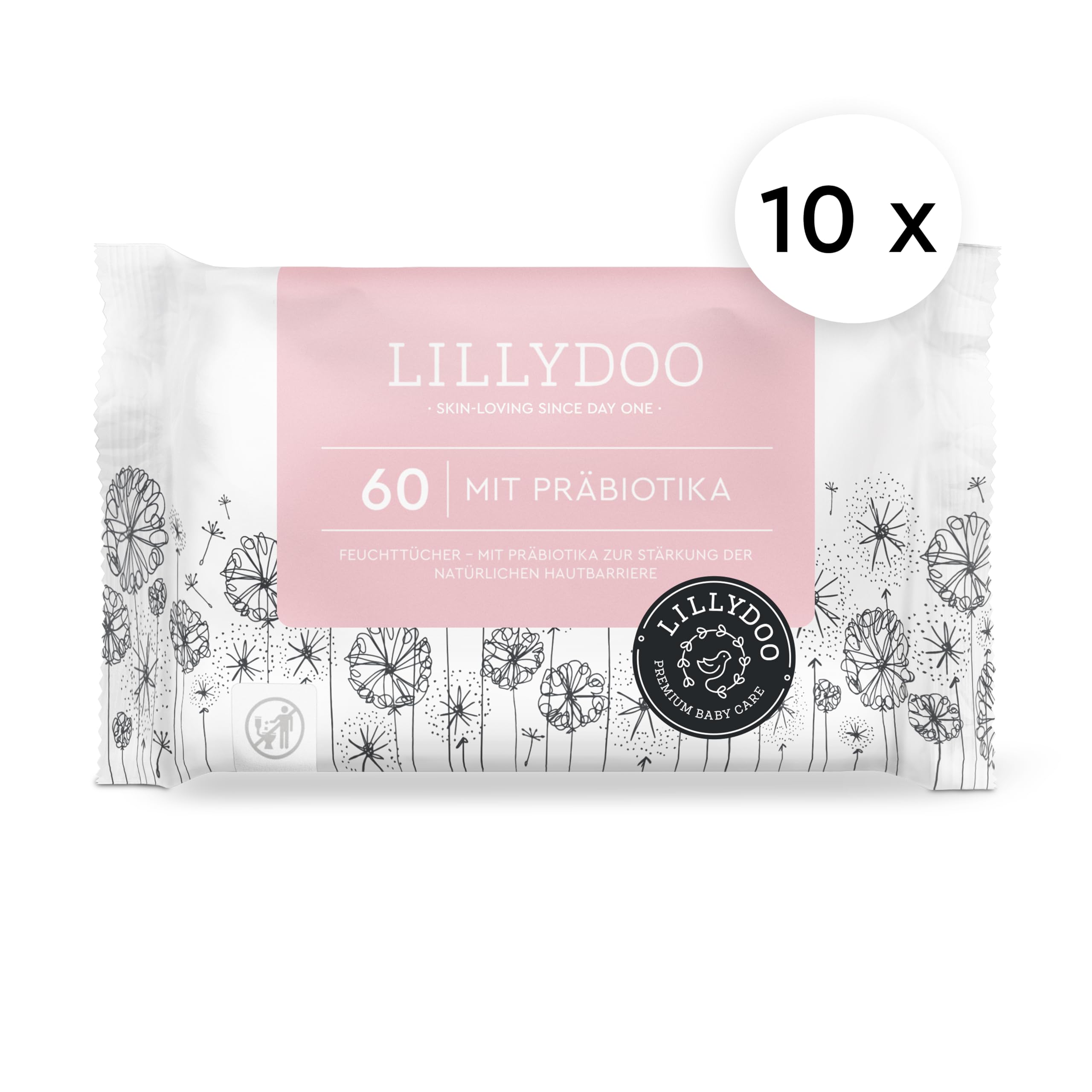 Lingettes avec prébiotiques LILLYDOO, 600 unités (10x60), renforcent la barrière naturelle de la peau, tissu 100% sans plastique, douces et sans parfum, testées dermatologiquement
