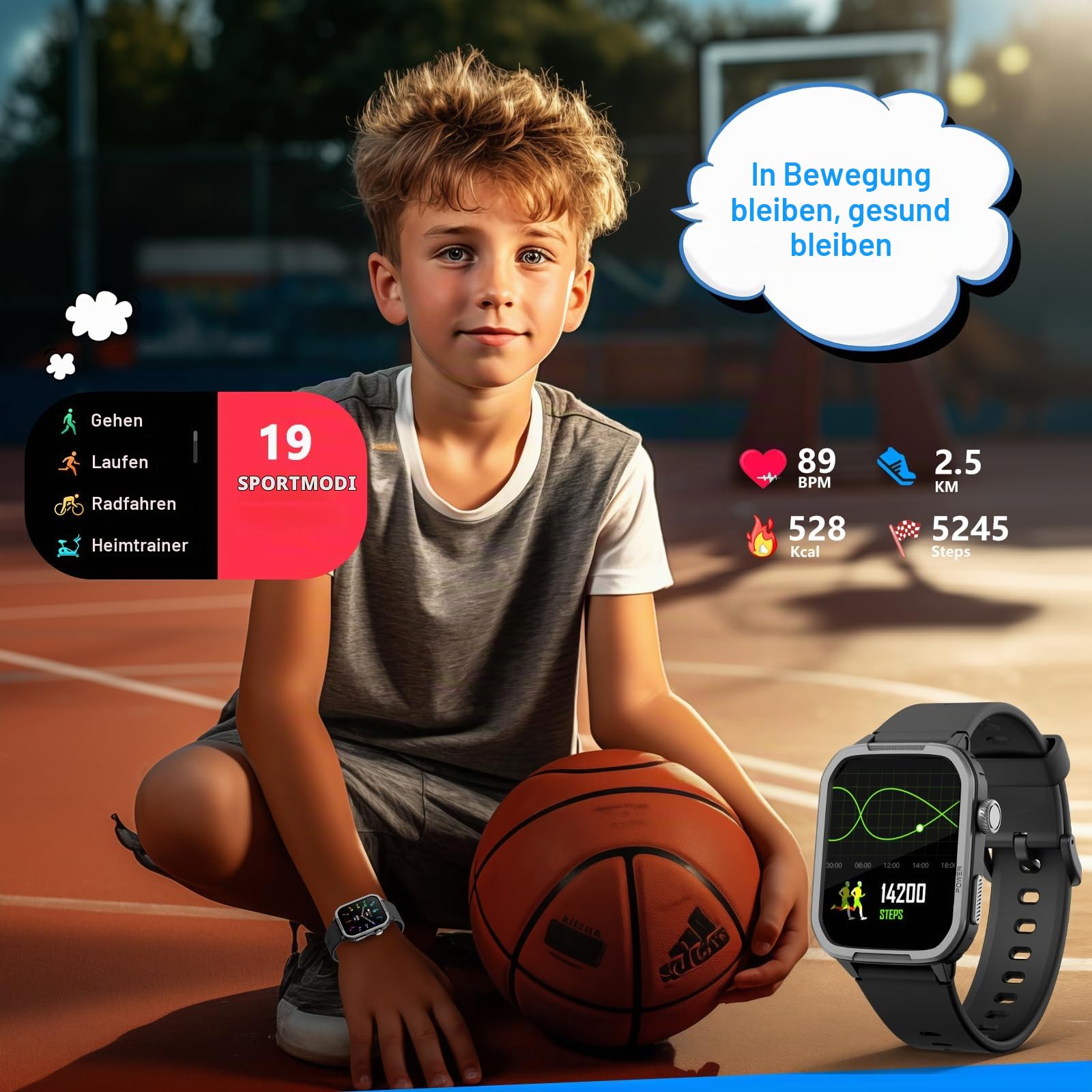 JOYELE Kinder Smartwatch für Jungen Mädchen, Gehärtetes Glas Aktivitäts Tracker Uhr IP68 wasserdichte Con Displayschutzfolie, 19 Sportmodi, Herzfrequenz Schlafmonitor, Schrittzähler, Kindergeschenke