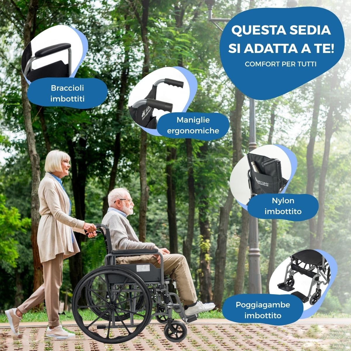 Mobiclinic®, Sedia a rotelle pieghevole, Semovente, Marchio europeo, Robusta, Seduta 46cm, Poggiapiedi e braccioli pieghevoli rimovibili, Leva del freno, Ruote sgancio rapido, Argento, Marsella