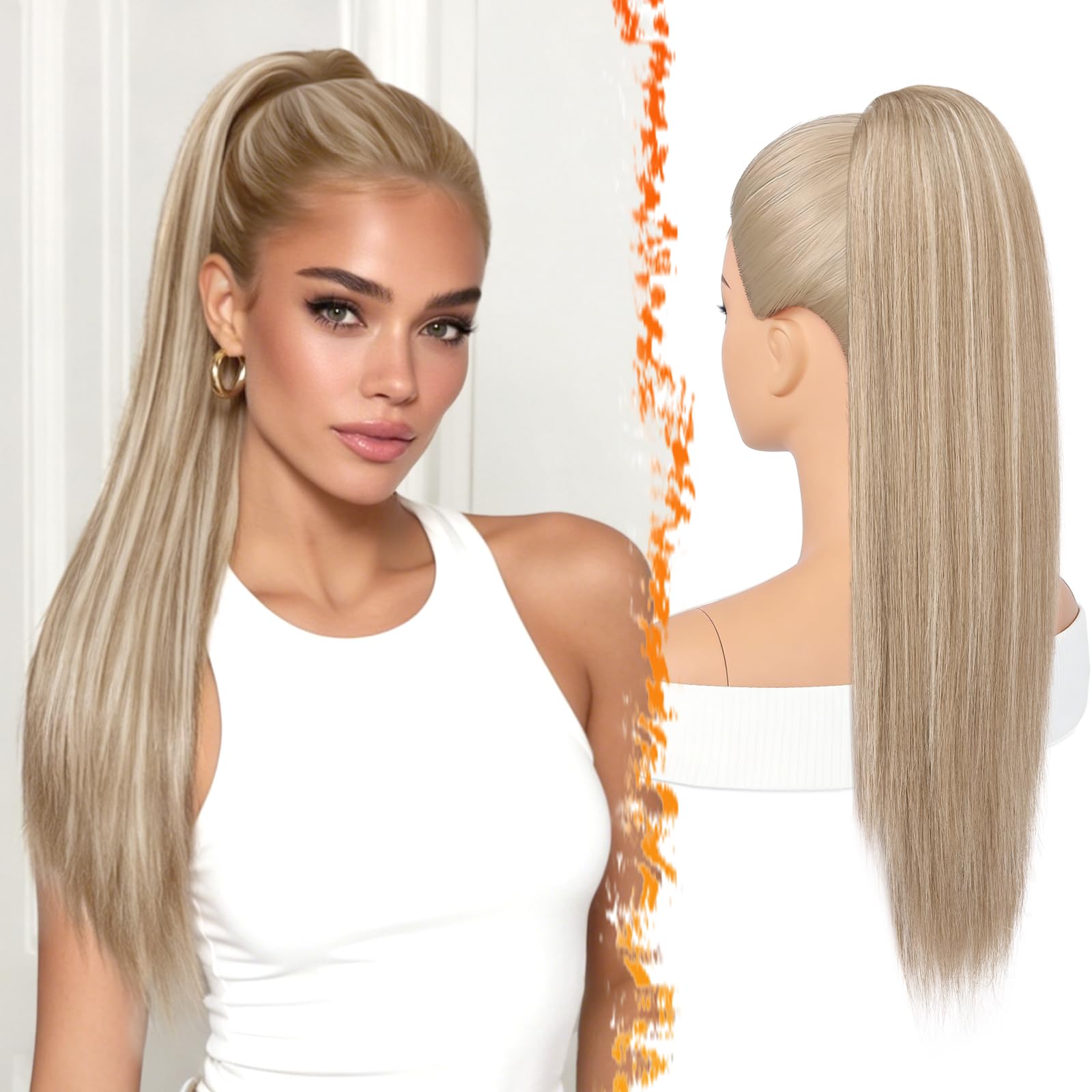 BARSDAR Ponytail Extension, 55cm Lang Glattes Blond Pferdeschwanz Haarteil Extension mit Kordelzug Aussehen Synthetische Cheer Posh Comb Clip Pferdeschwanz Haarverlängerung Haarteil Tägliche Party