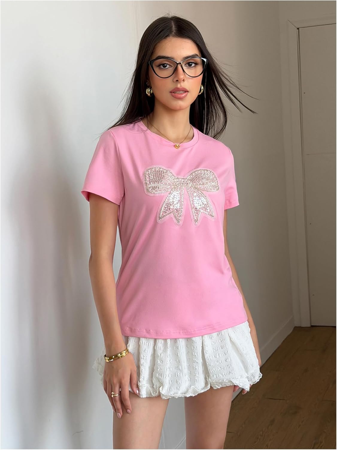 SweatyRocks Women's Short Sleeve T Shirts Sequin Bow Crew Neck Summer Casual Tee Tops - Image 5
