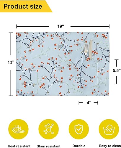 Miniatura 6 de Fantasy Blue Flower Table Placemats for Dining Table Set of 6,Cotton Linen Cloth Kitchen Place Mats with Pocket,SquareRectangleRoundOblong Table