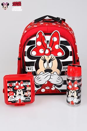 Minnie Mouse Lisansl  Okul  antas  Seti, Beslenme Kab  ve 500 ml Matara, K rm z , Unisex