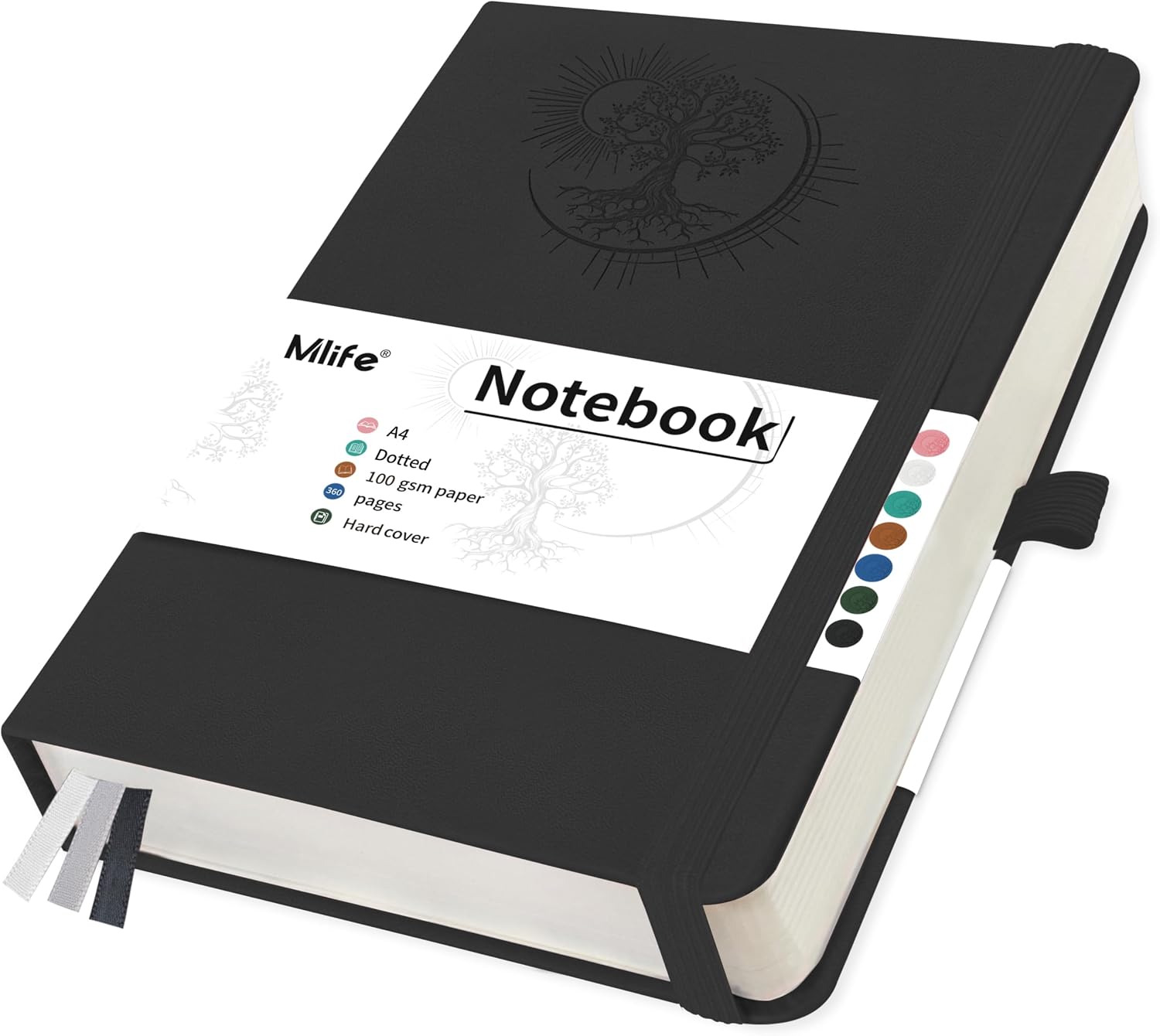 Mlife Notebook A4 Dotted with Tree of Life Design 360 Pages 100 gsm Lined Paper PU Cover Notebook Elastic Band Pen Holder 3 Bookmarks for Women Men 21.3 x 28.1 cm Black