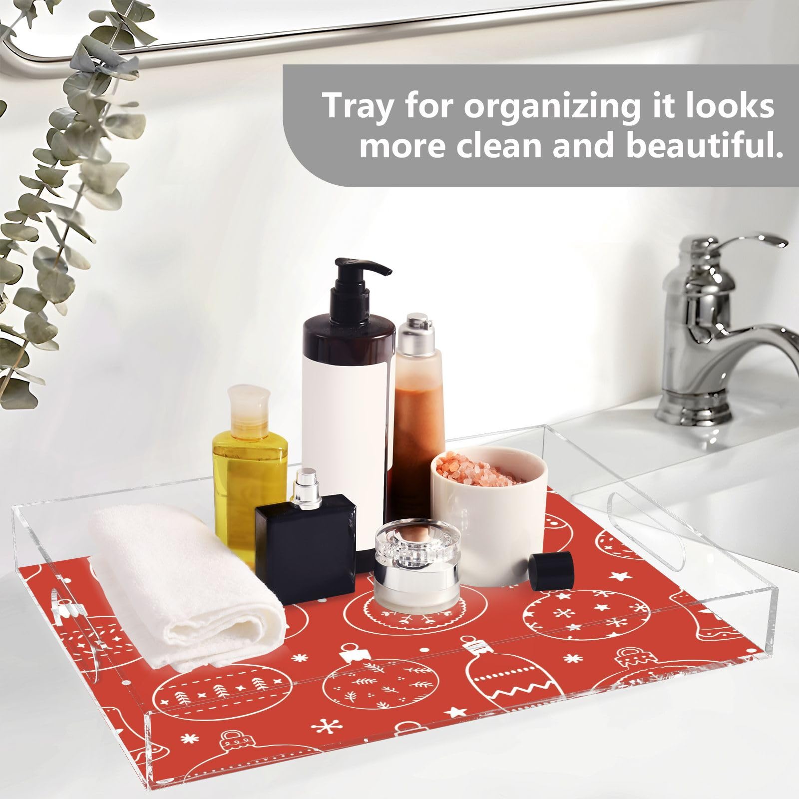 Bandeja acrílica transparente con asas, bandeja decorativa transparente de 12 x 16 pulgadas, patrón dibujado a mano, bonitas bandejas de servir navideñas a prueba de derrames, transparente