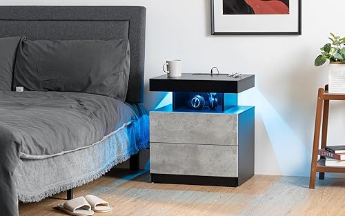 Miniatura 7 de HOMMPA Mesita de noche LED con estación de carga inalámbrica, mesa de noche gris mate de hormigón con luz LED, mesita de noche inteligente, 2