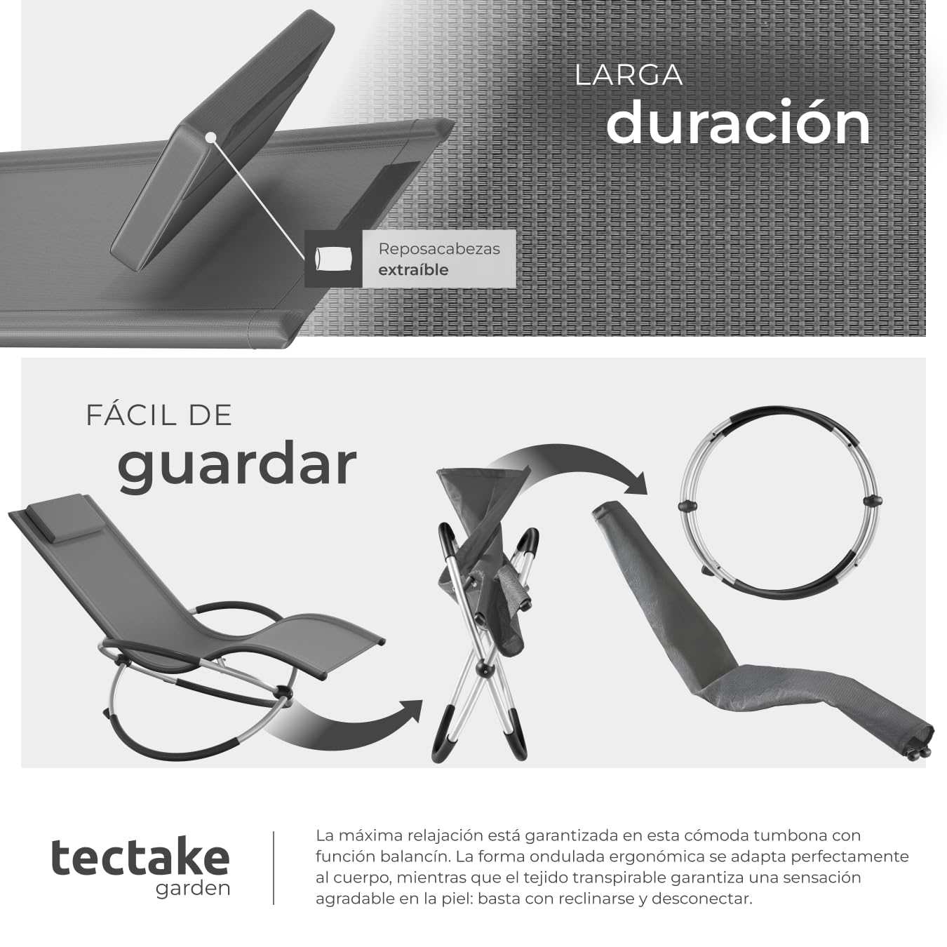 tectake® Tumbona Plegable con Función Balancín, Tumbona Playa Ergonómica, Tumbona Piscina en Acero y Textileno, Tumbona Jardín Exterior, Protección Antivuelco, Carga Máx. 150 kg, Fácil Montaje - Gris