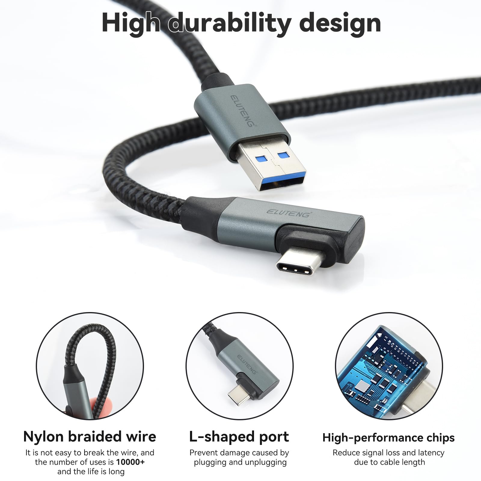 ELUTENG Cavo Link a 90 gradi da 5M per Meta Oculus Quest 3/2 Pro/Pico 4 Cavo da USB 3.0 a Type-C Cable per Cuffie VR e PC da Gioco Cavo di Collegamento con Trasferimento Dati 5Gbps Accessori PC Steam
