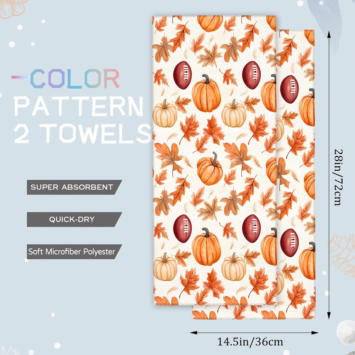Autumn Pumpkin and Football Hand Towels - 2 Pack, 14.5" X 28",Soft Microfiber Polyester Towel Set with Festive Fall Leaves,for Fun Bathroom Kitchen Spa Hotel Decor Thanksgiving Gifts - Image 2