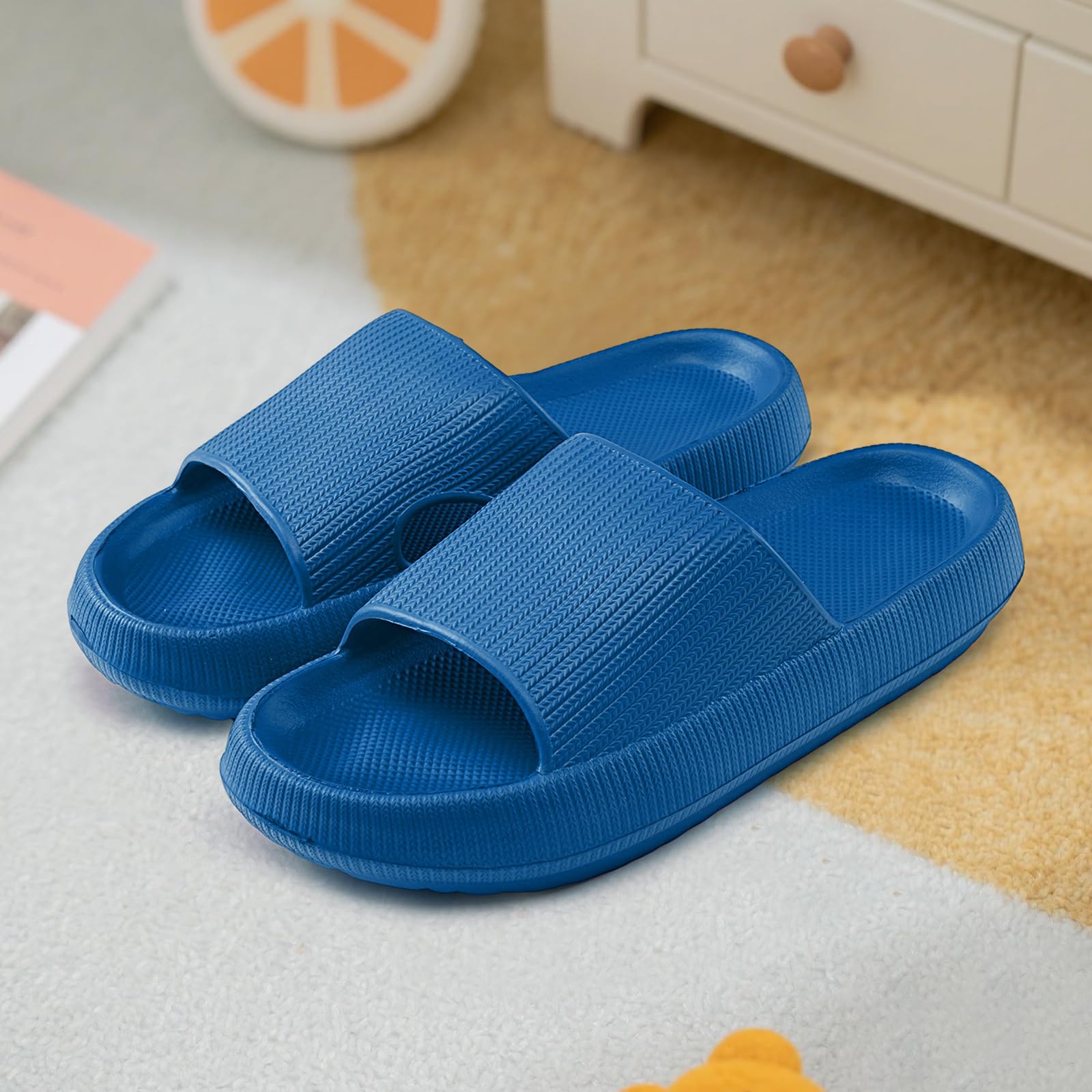 Cloud Slippers for Women Men, Non Slip Quick Drying Shower Bathroom Slides, Ultra Cushion Thick Sole Pillow House Slippers, Blue