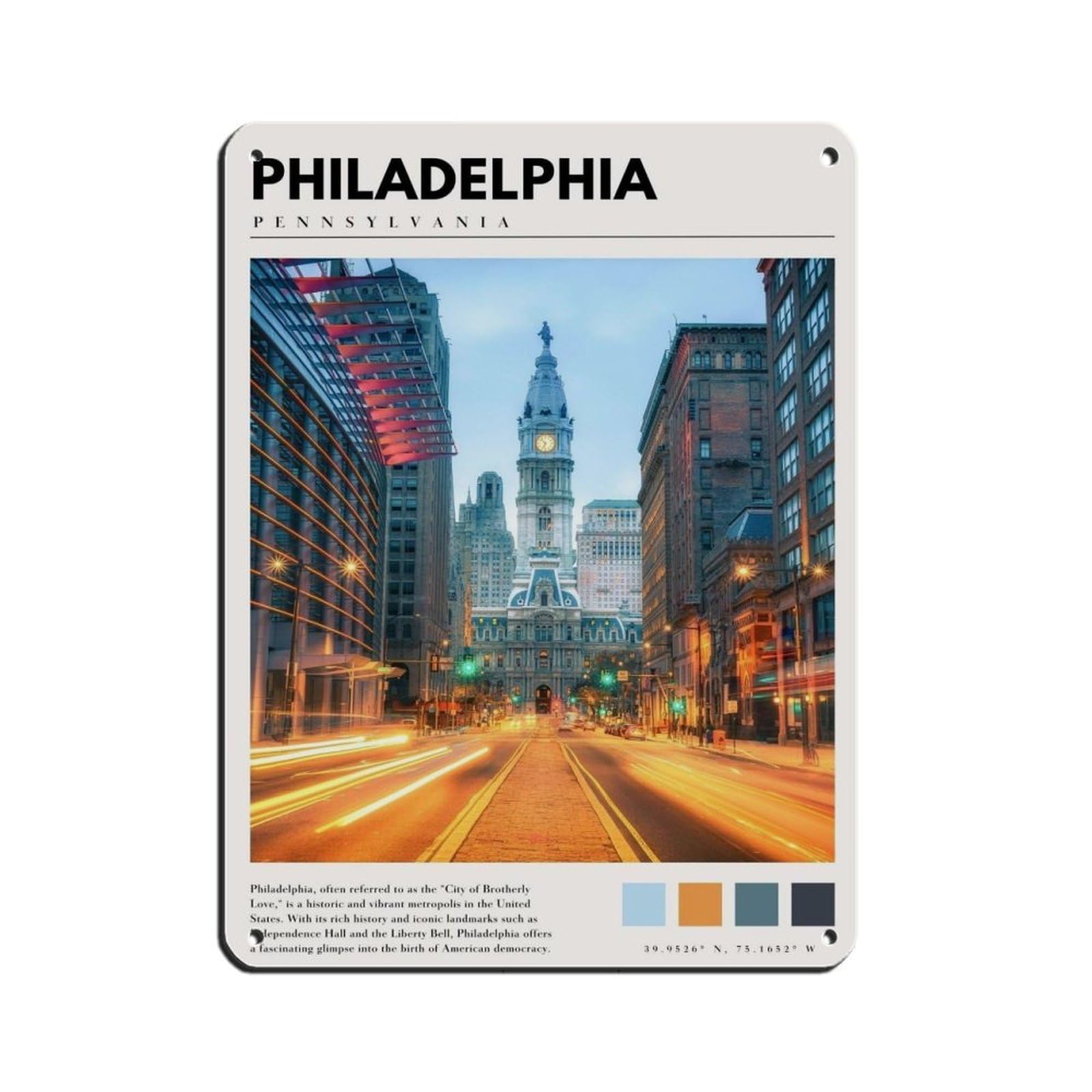 Philadelphia Pennsylvania Poster Retro Poster Metal Tin Sign Chic Art Retro Iron Painting Bar People Cave Cafe Family Garage Poster Wall Decoration 12x16inch(30x40cm)